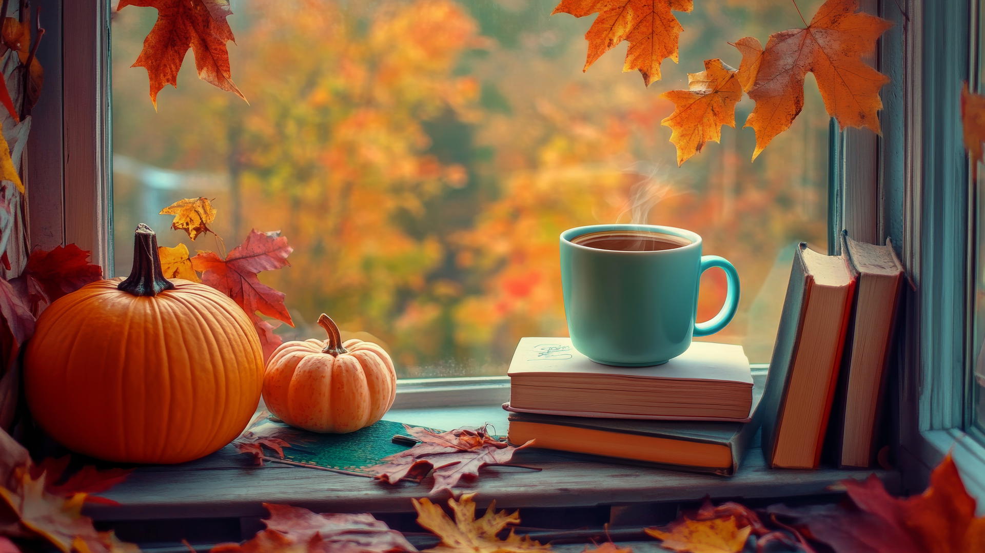 cute fall aesthetic wallpaper with a pastel mug, books, pumpkin, and fall leaves