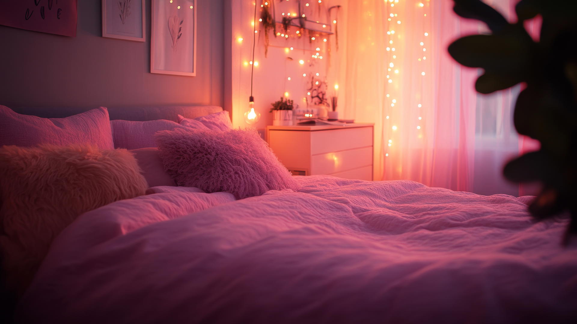 pink aesthetic wallpaper with cozy bedroom scene and soft lighting