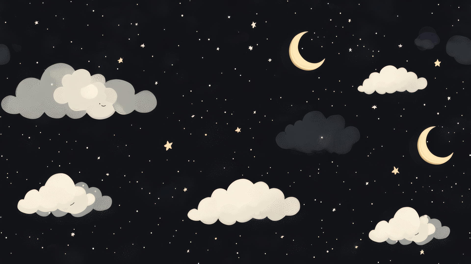 Black wallpaper for girls with soft white clouds and crescent moons