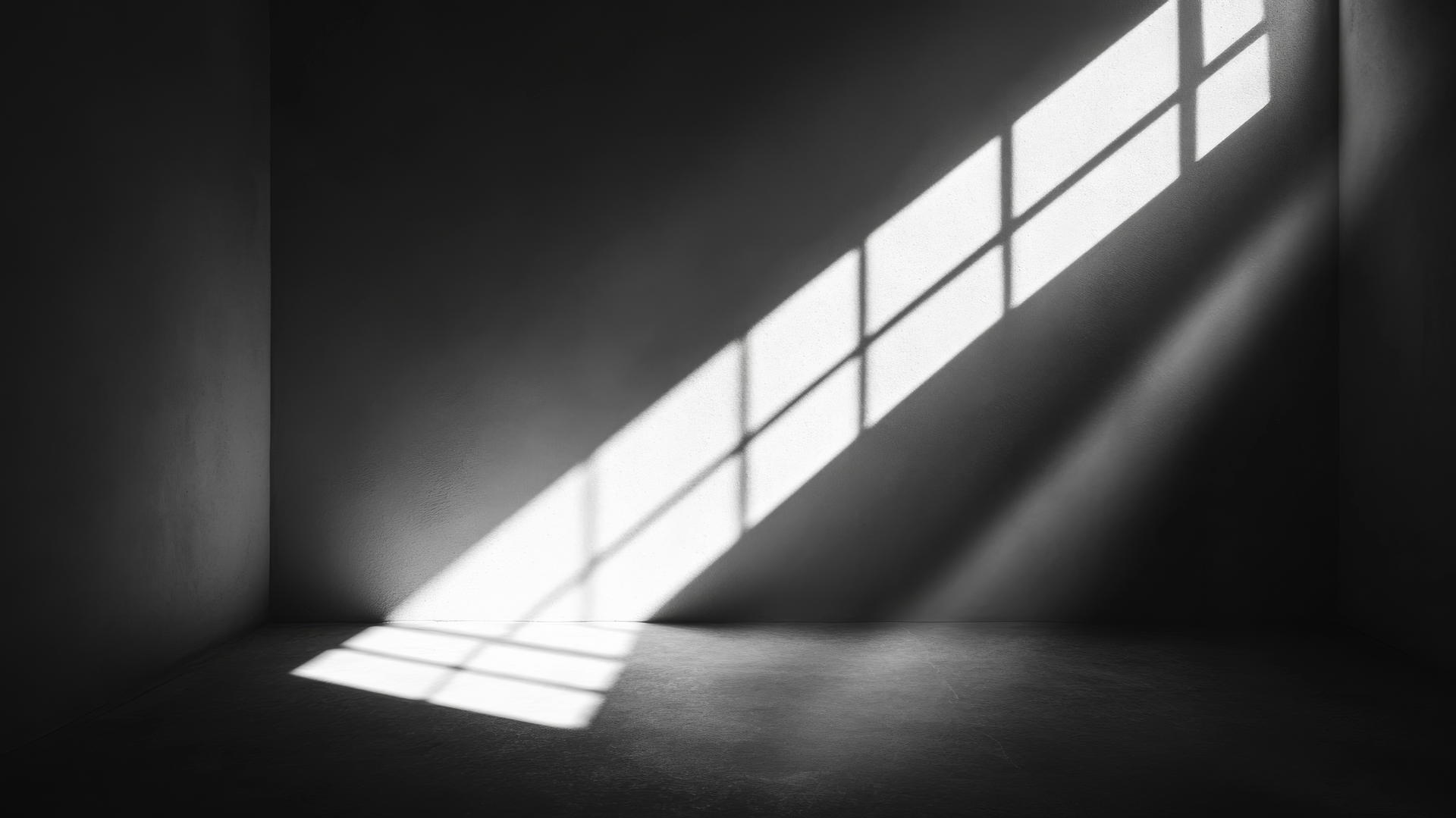 aesthetic wallpaper black with dark room, single beam of light, long shadows