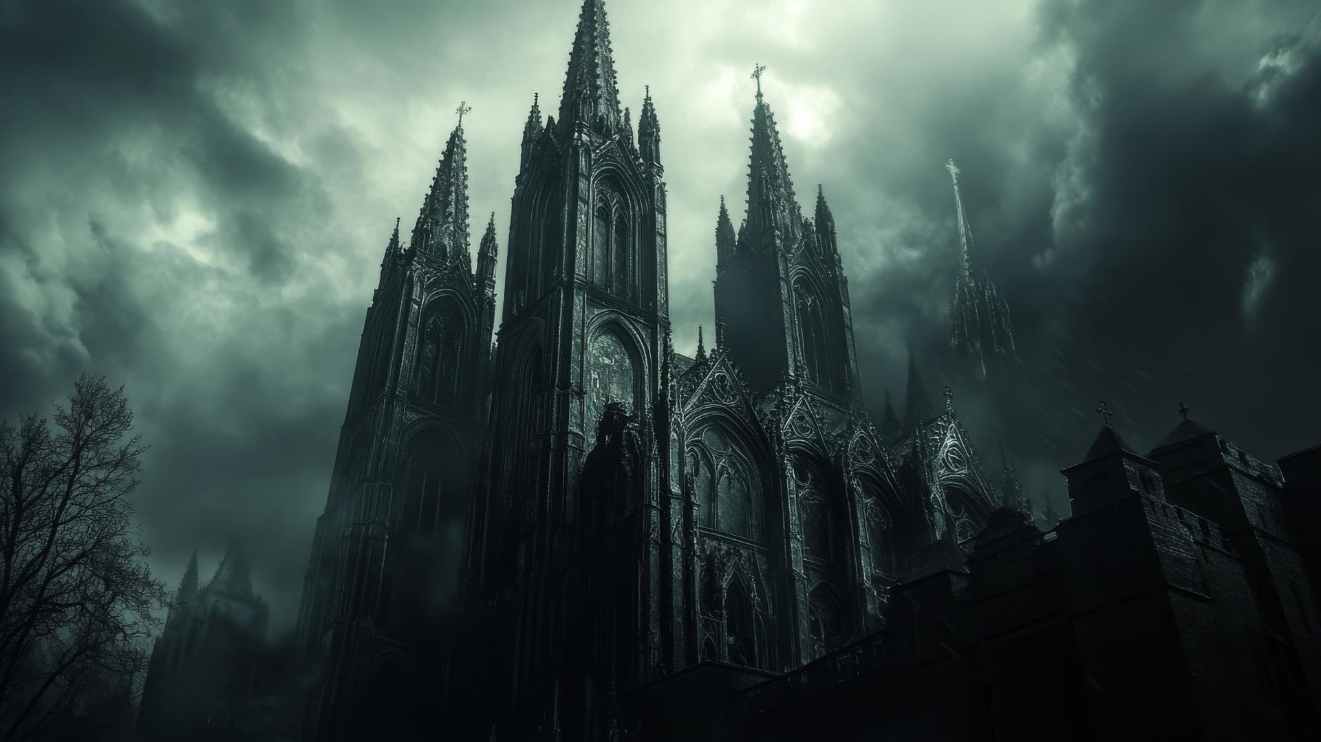 Gothic cathedral silhouetted against stormy sky, black wallpaper aesthetic