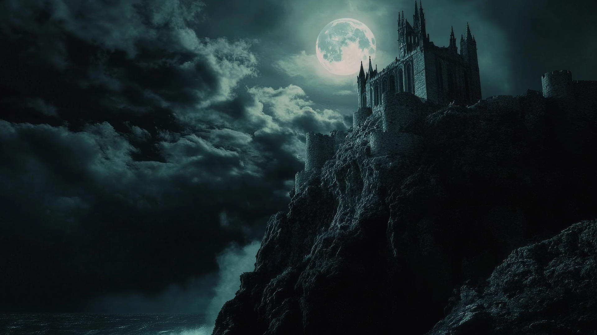 Gothic-style castle on cliff under dim moonlight, black aesthetic wallpaper