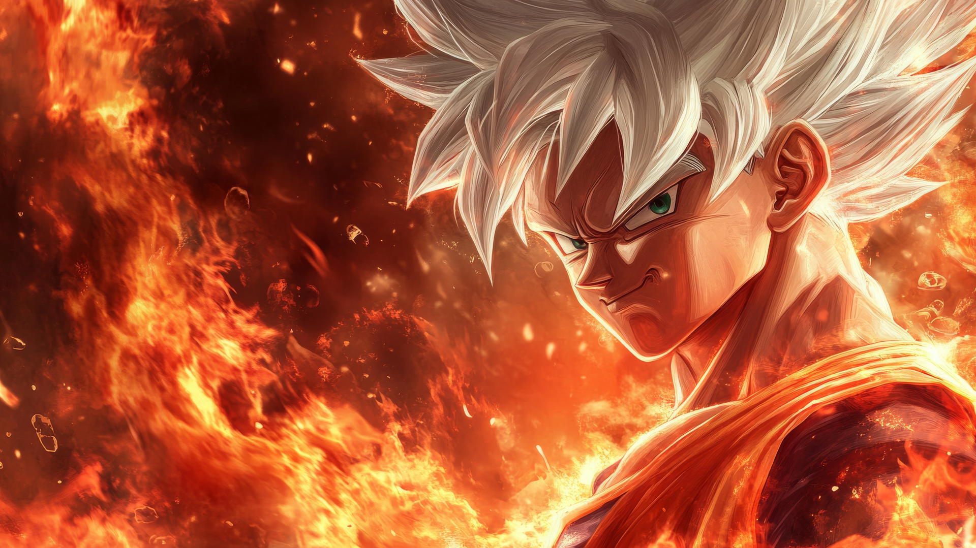 Goku Ultra Instinct wallpaper 4K with fiery background, silver hair, intense reds and oranges