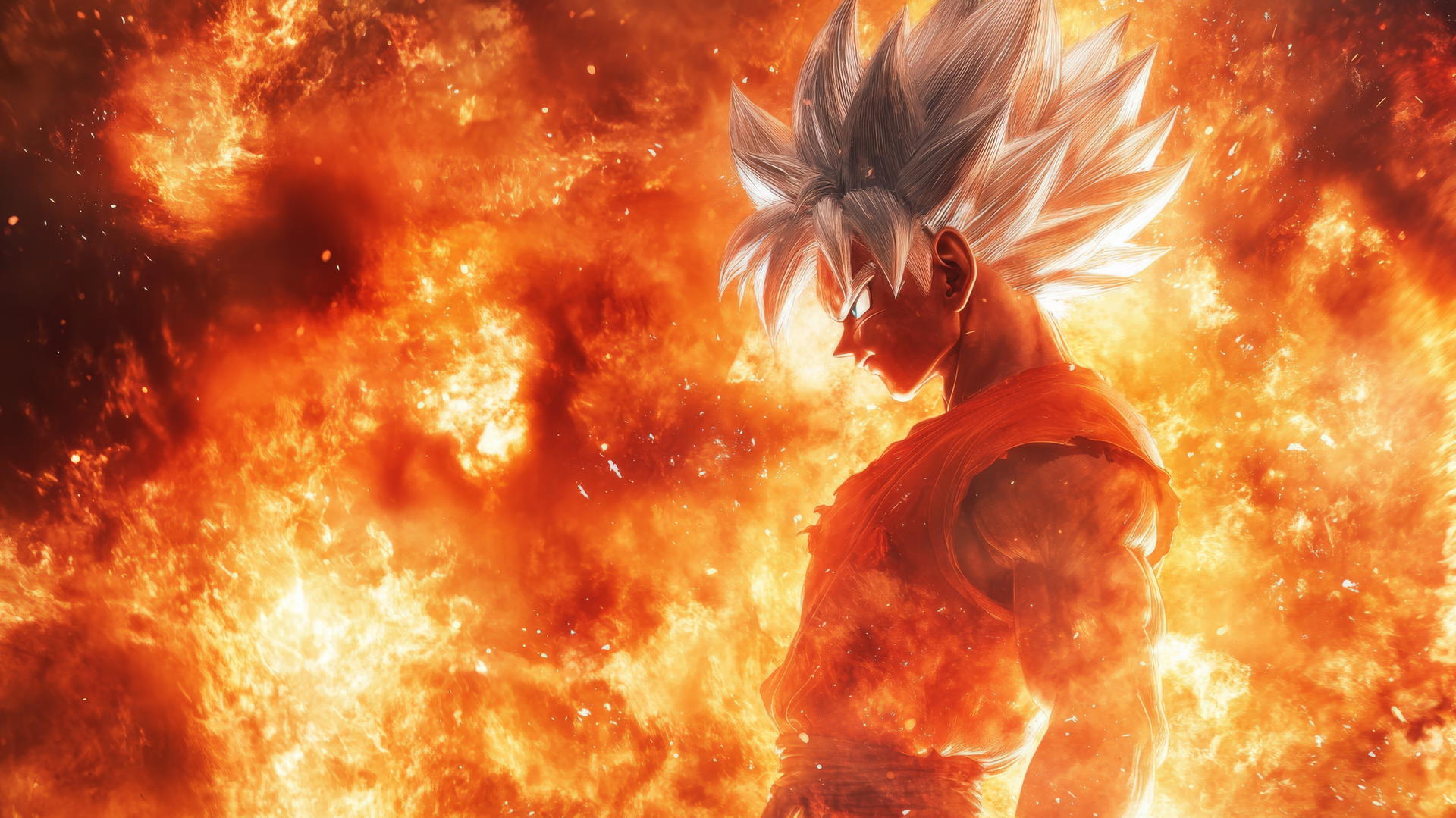 Goku Ultra Instinct wallpaper 4k with fiery background, silver hair, red and orange energy waves