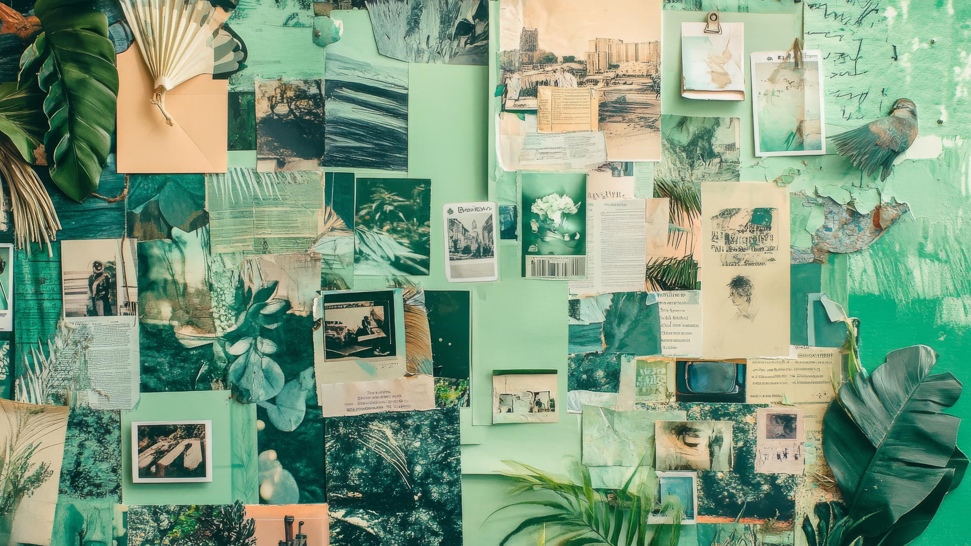 green aesthetic wallpaper with magazine clippings, polaroid photos, and doodles in green tones