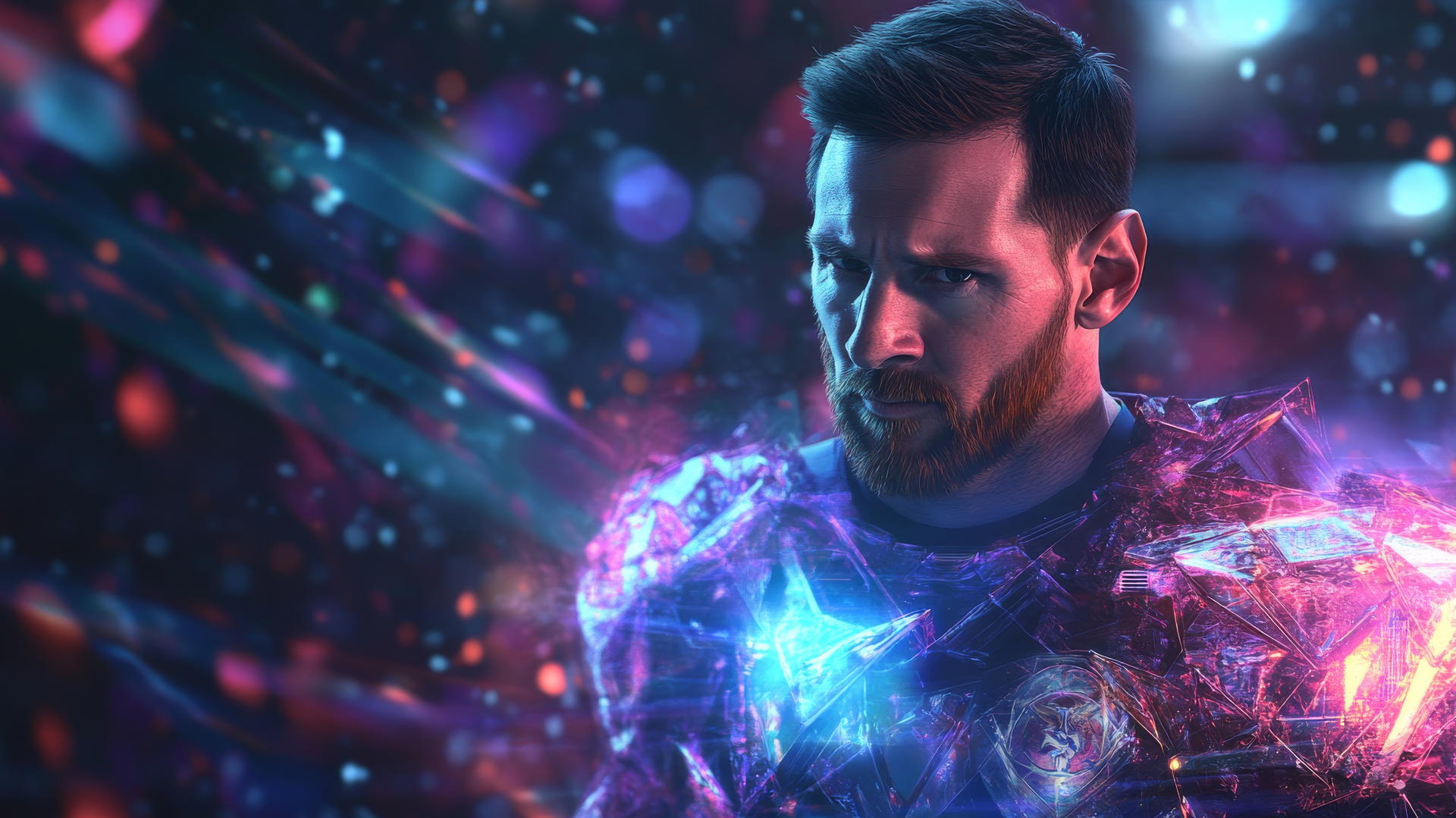 cool Messi wallpaper 4K: futuristic gladiator with glowing armor and digital sword