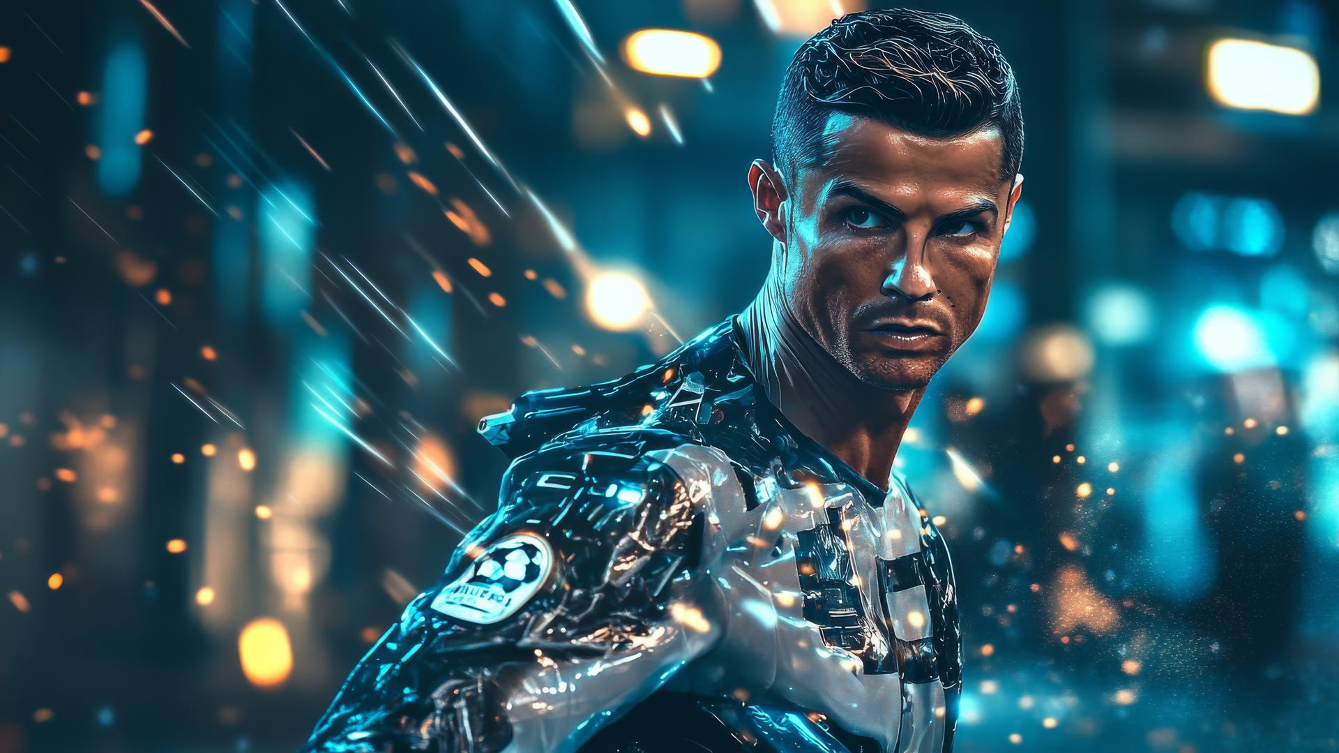 Cristiano Ronaldo 4k wallpaper in futuristic armor suit with digital holographic interface