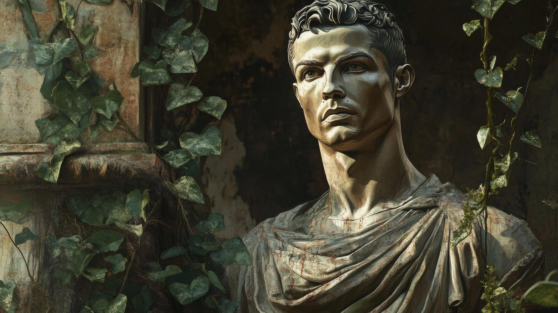 Wallpaper Ronaldo statue in ancient temple with vines and greenery
