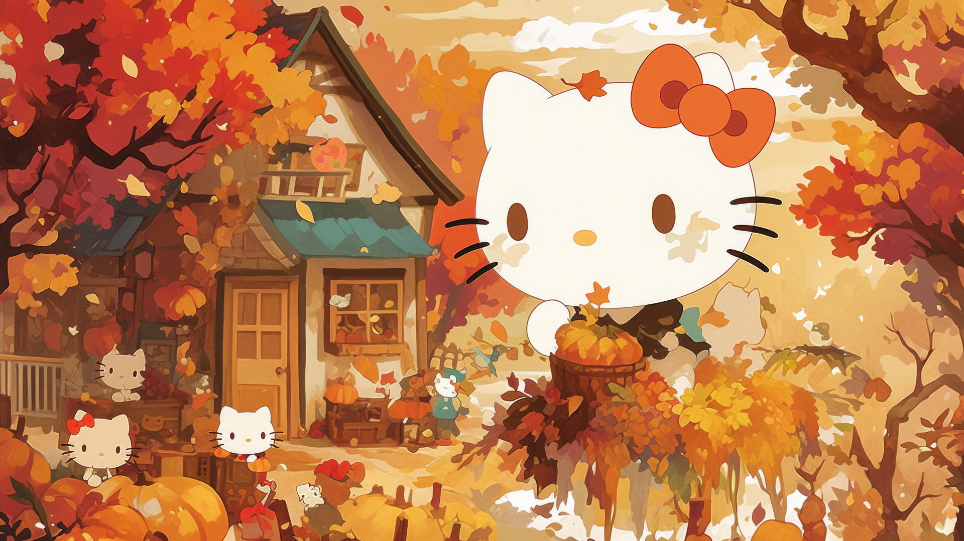 background cute hello kitty wallpaper in autumn setting with falling leaves and pumpkins