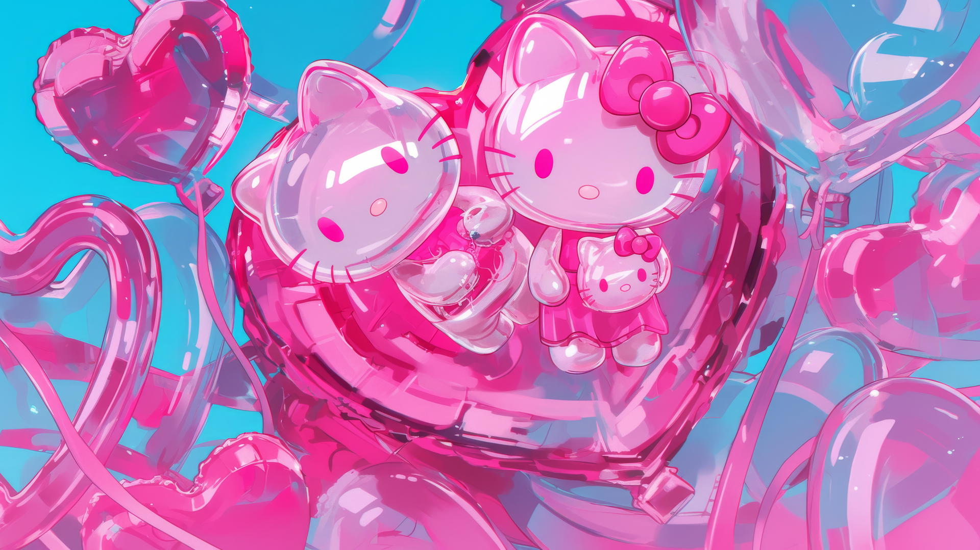 Y2K Hello Kitty wallpaper aesthetic with metallic chrome, neon pink accents