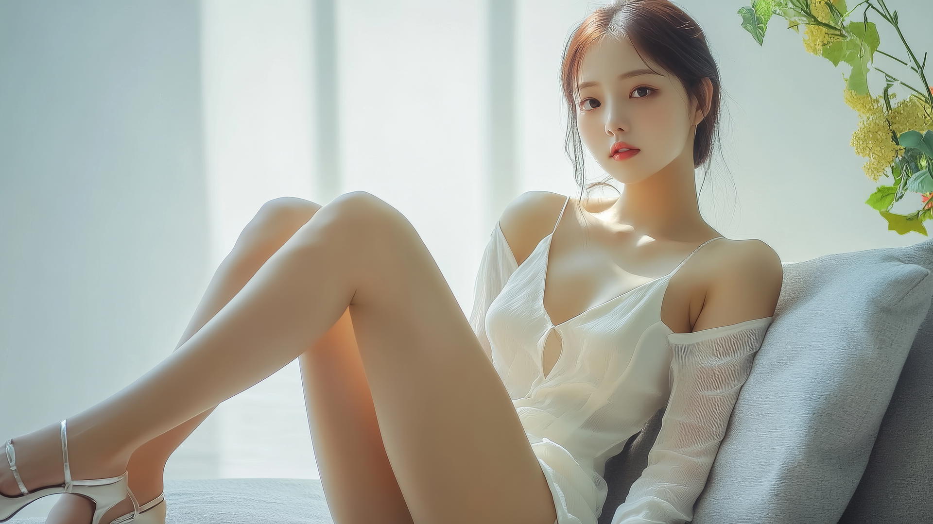 Korean teenage girl in cheongsam sitting with crossed legs, side view