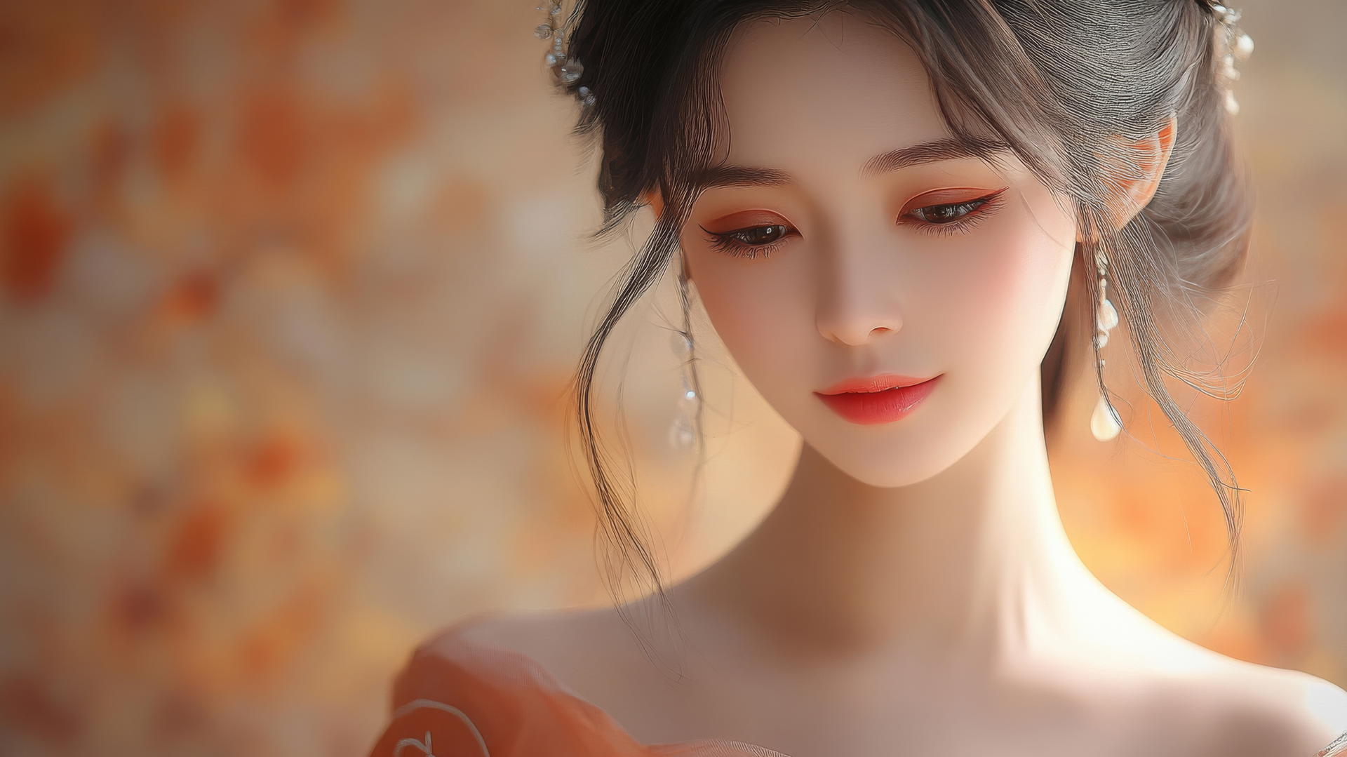 Chinese woman with long black hair smiling in side light