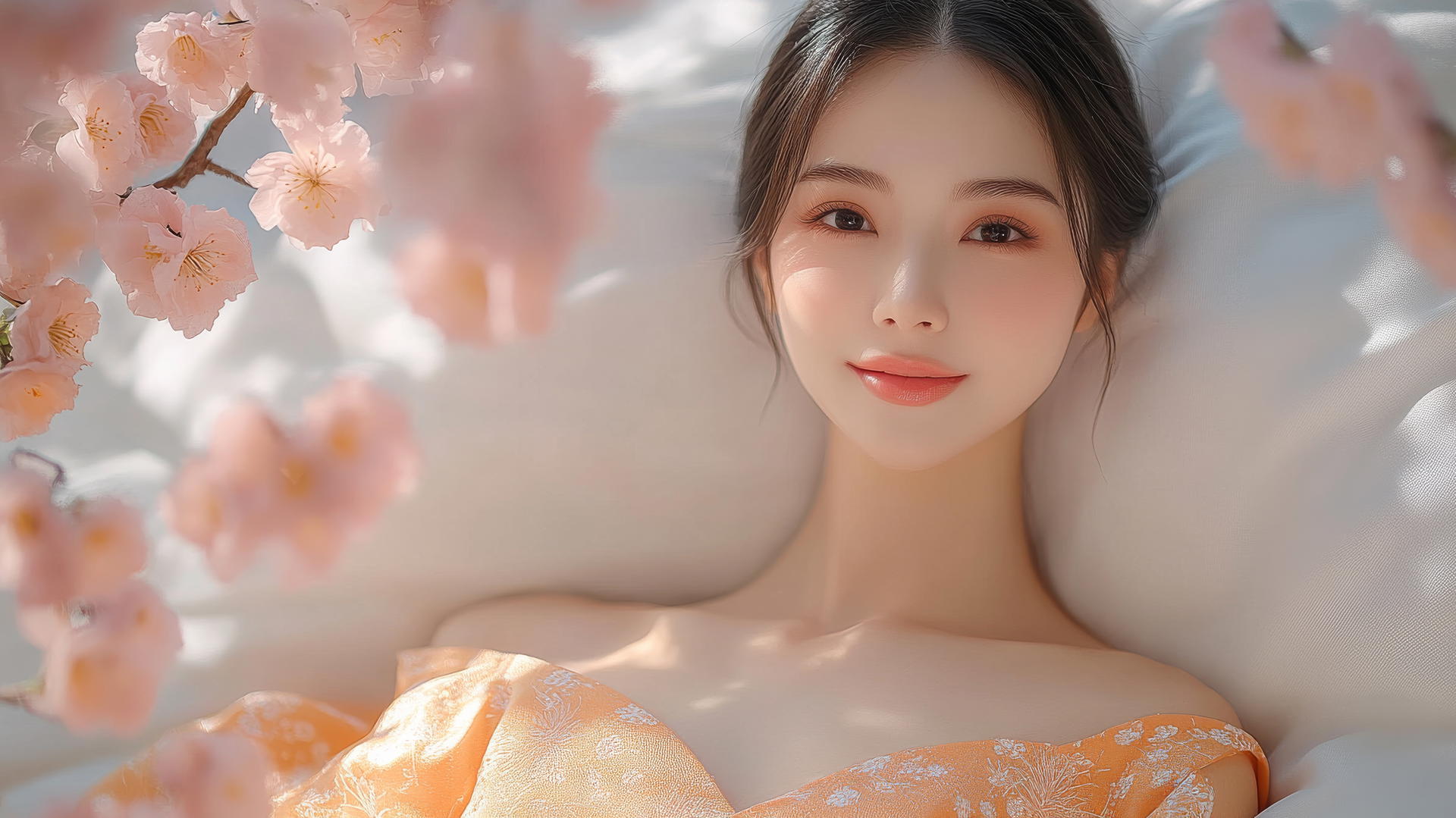 Top-down view of a Vietnamese woman in bed wearing Ao Dai, smiling, with natural light on her legs