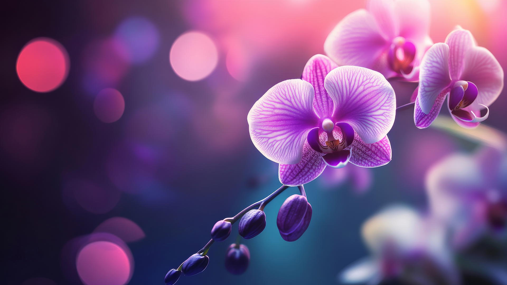 flower nature wallpaper with close-up of purple and white orchids, soft lighting