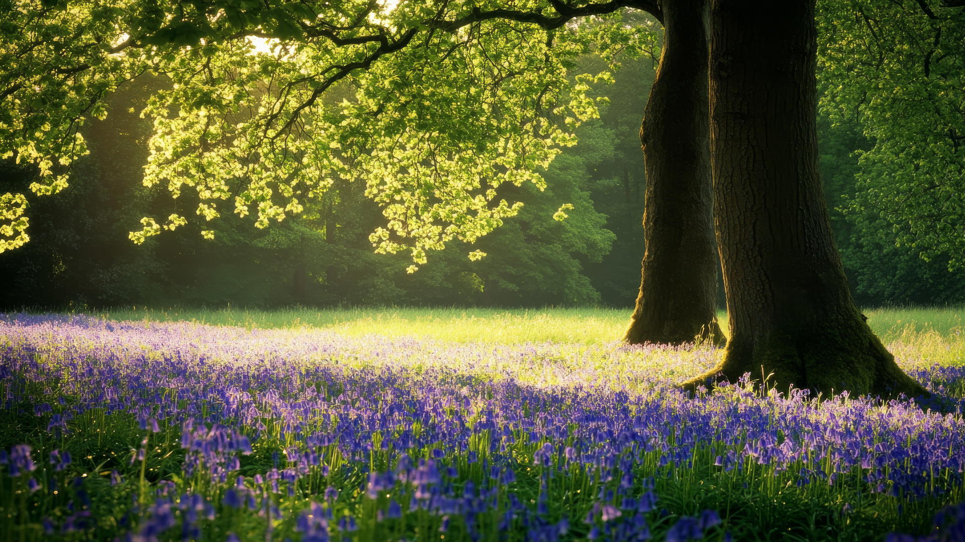 flower nature wallpaper with a serene meadow of bluebells under tall trees and dappled sunlight