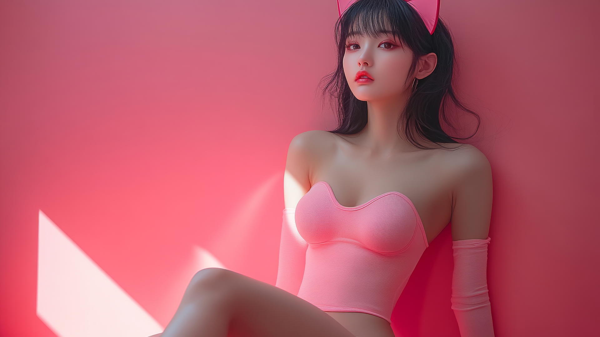 Asian girl with cat ears sitting cross-legged in high heels, side view