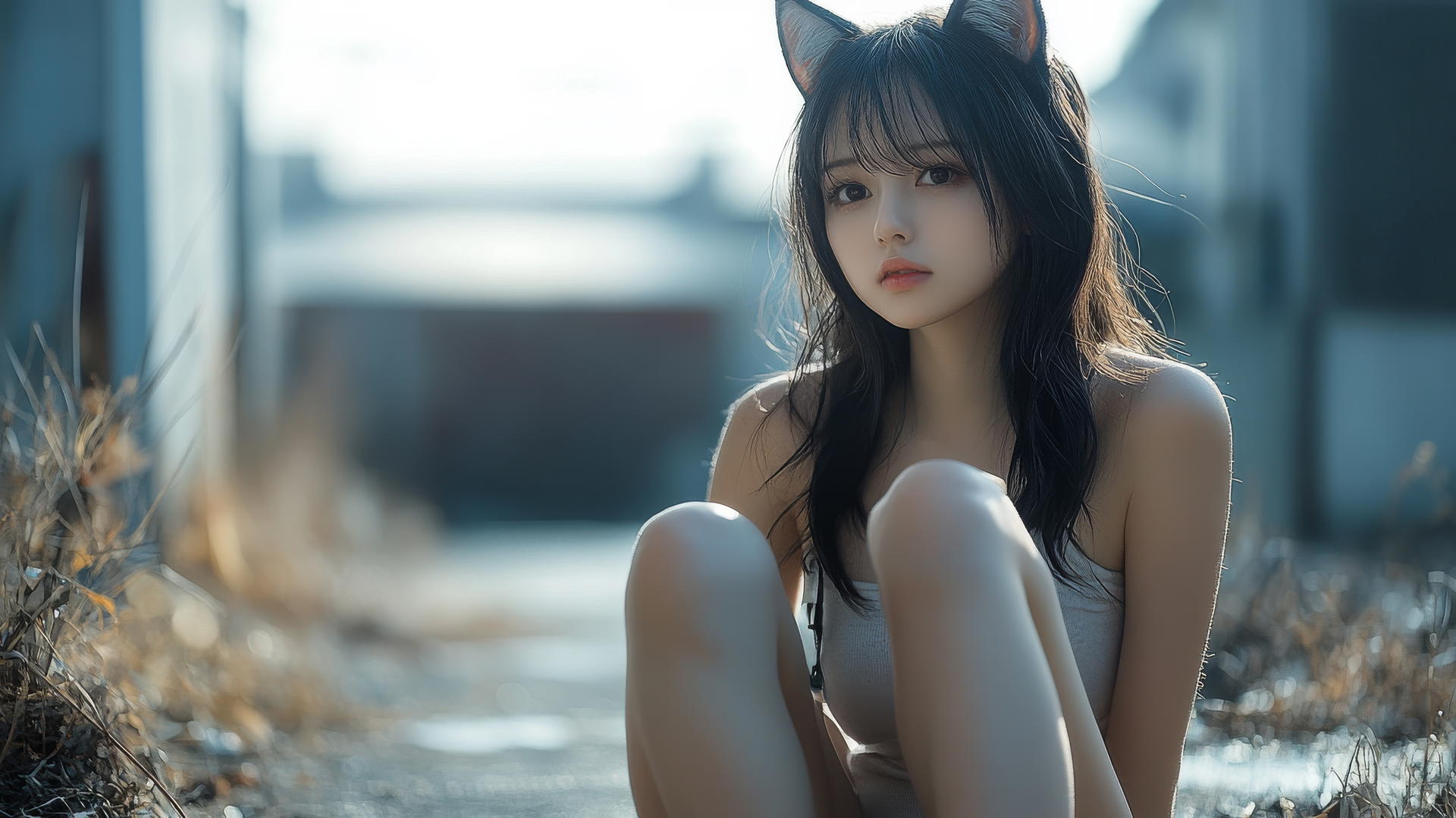 Asian girl with cat ears and high heels, sitting cross-legged, side view.