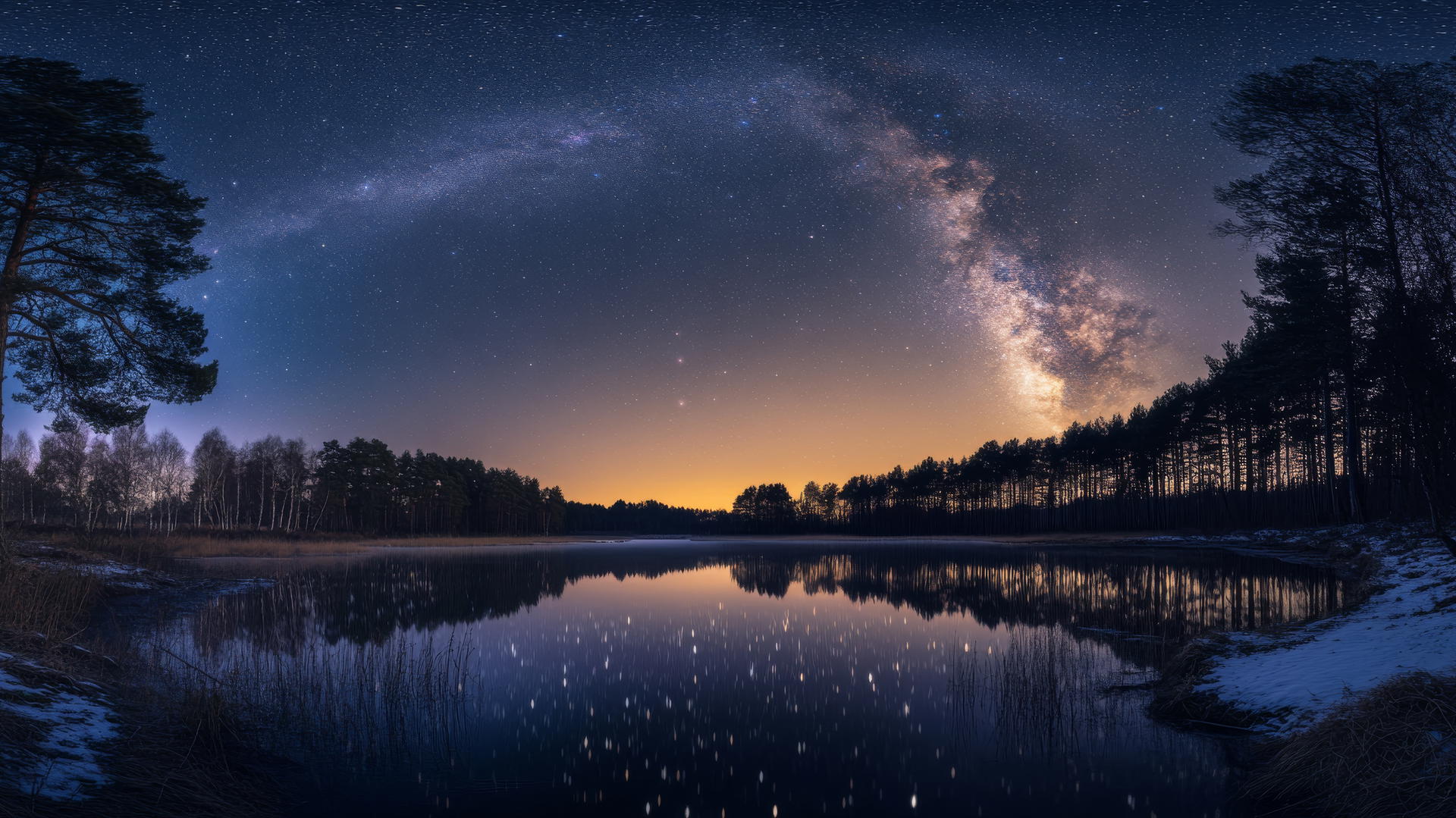 beautiful nature wallpaper 4k with a clear night sky, stars, and Milky Way over a quiet forest