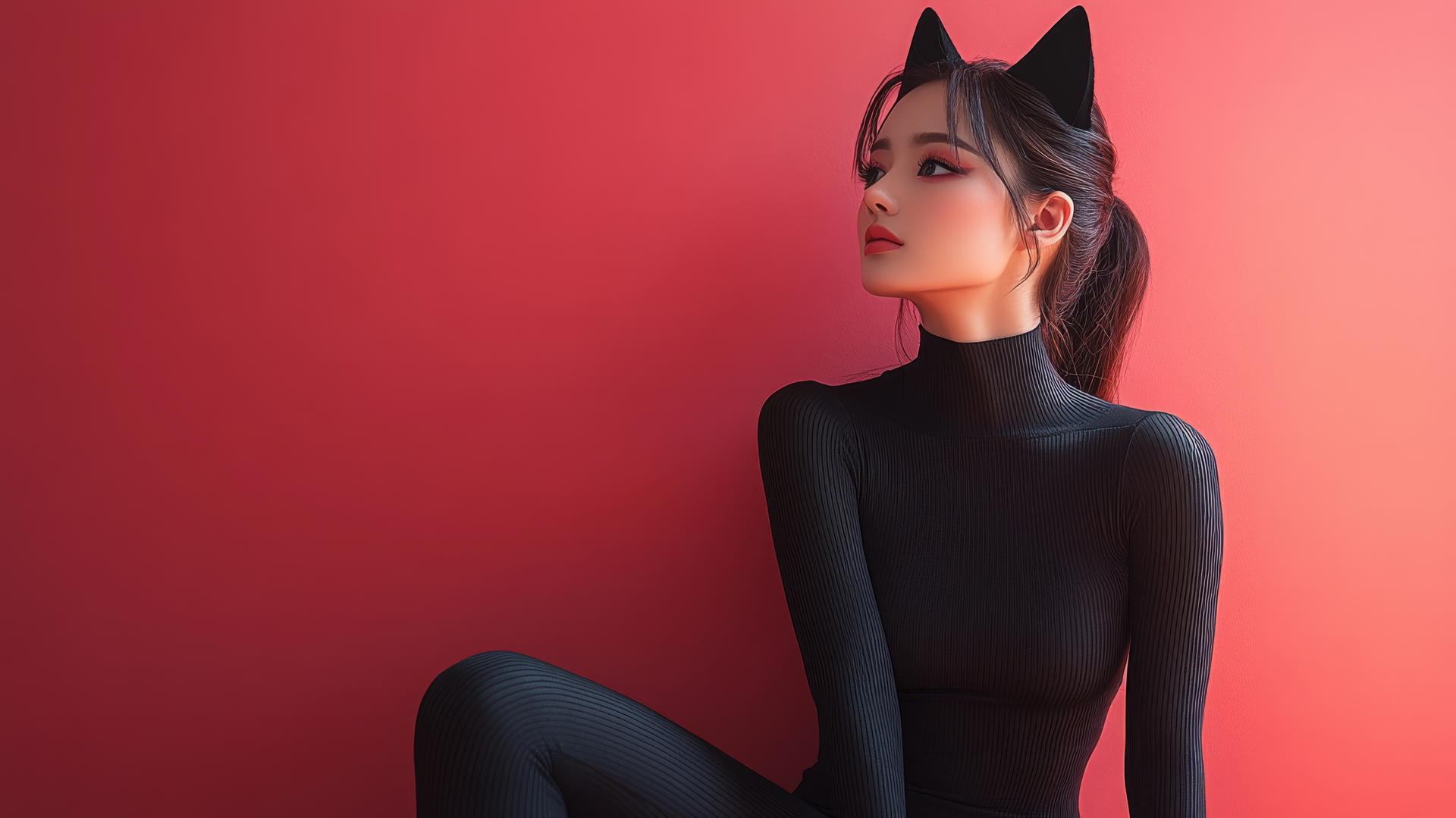 Beautiful Asian girl with cat ears, crossed legs, side view, high heels, long sleeves