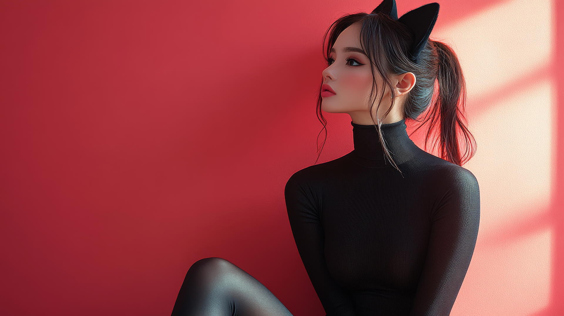 Asian girl with cat ears in high heels, seated cross-legged, side view