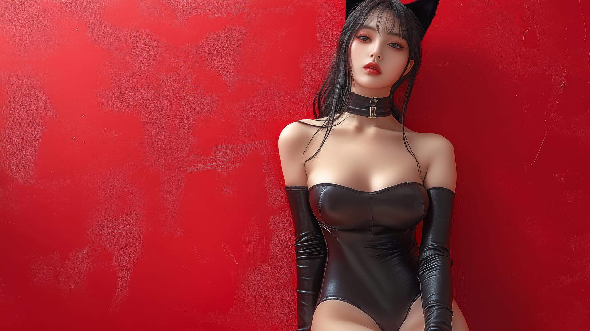Asian girl with cat ears and high heels sitting cross-legged, side view