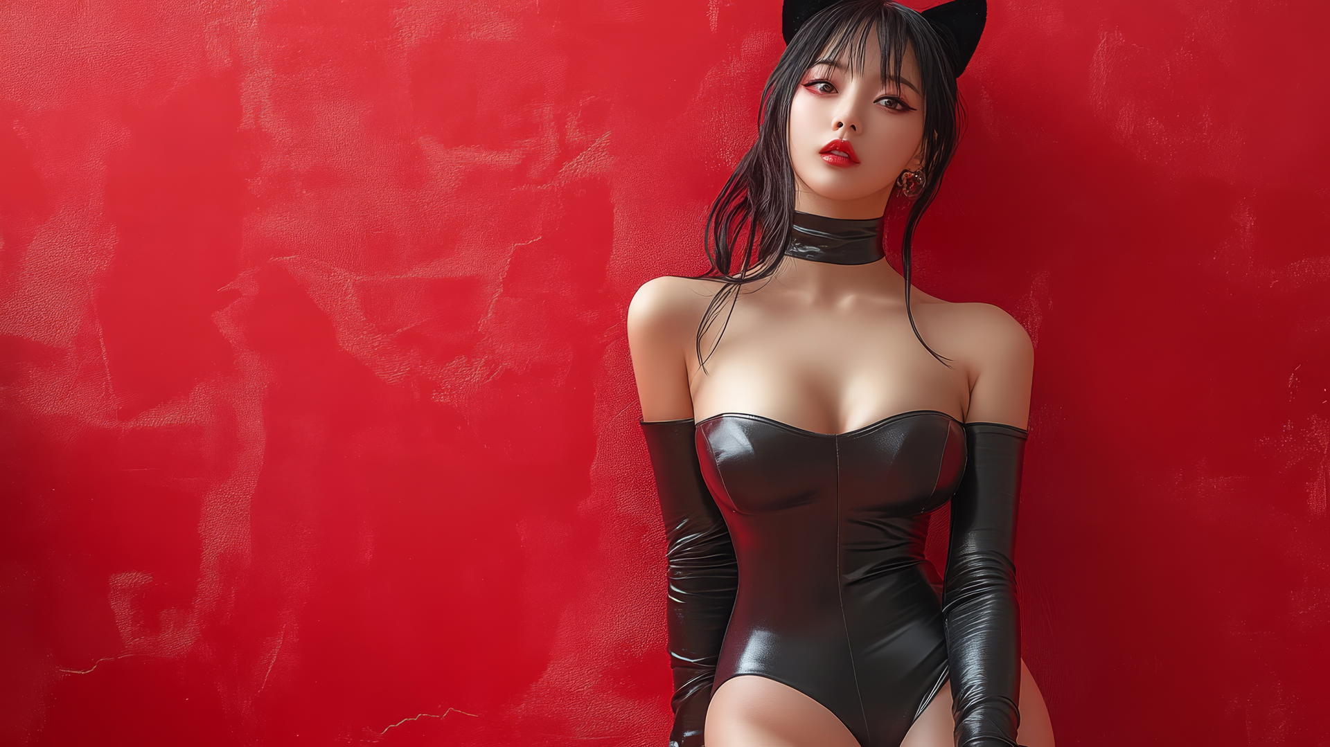 Asian girl with cat ears, crossed legs, high heels, side view