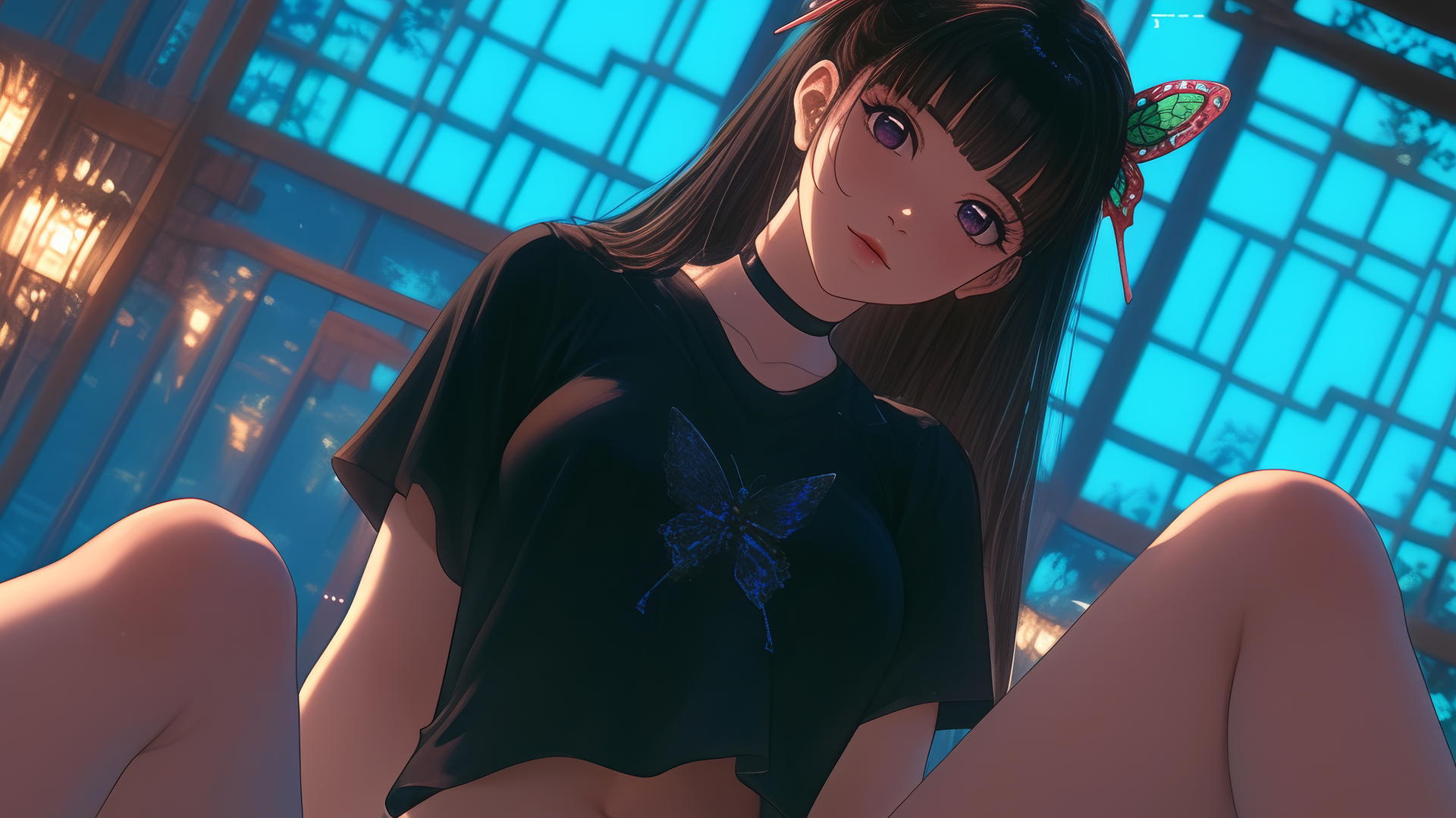 Kanao Tsuyuri kneeling with waist focus, seen from below, in warm light