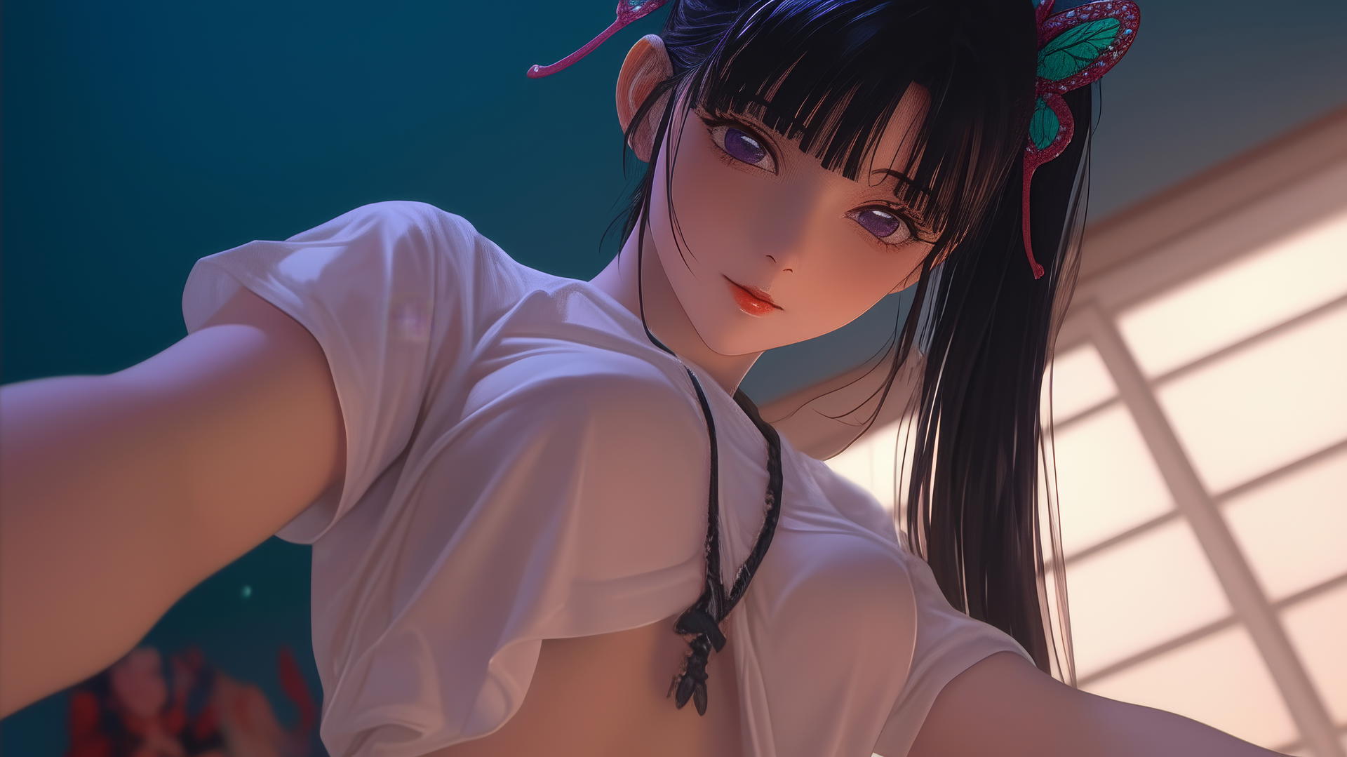 Kanao Tsuyuri from Demon Slayer kneeling, seen from below, with warm light highlighting her features and ceiling in the background.