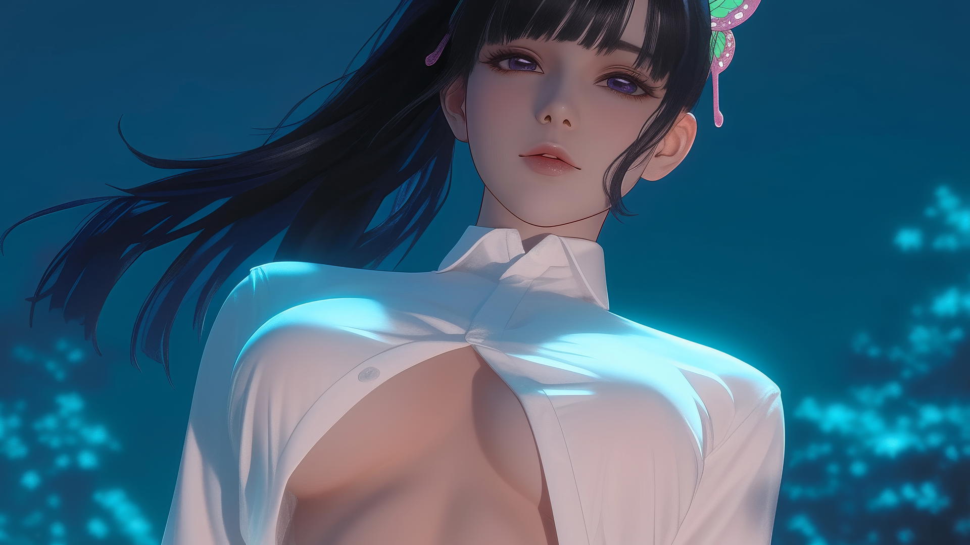 Kanao Tsuyuri in a white office shirt, kneeling and looking down, with a ceiling background