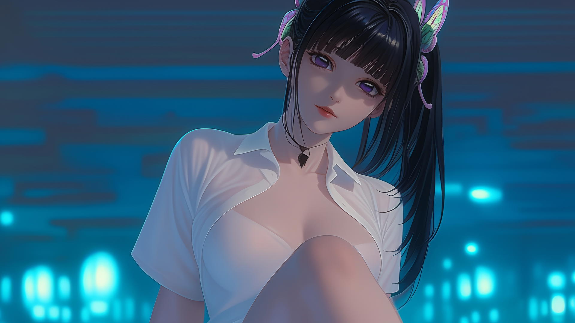 Kanao Tsuyuri kneeling in white office shirt, looking down, ceiling background