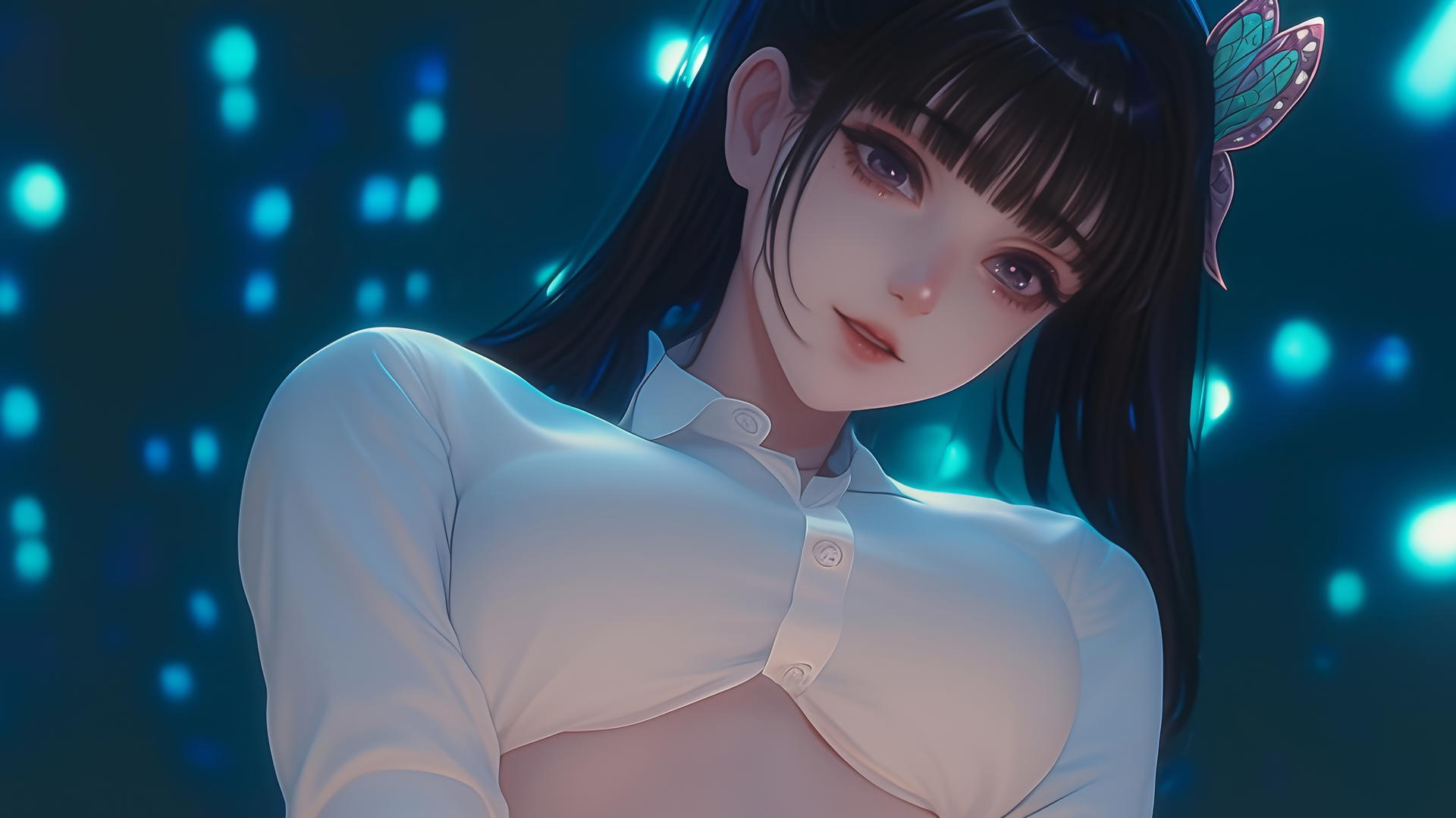 Kanao Tsuyuri from Demon Slayer kneeling in white office shirt, seen from below.