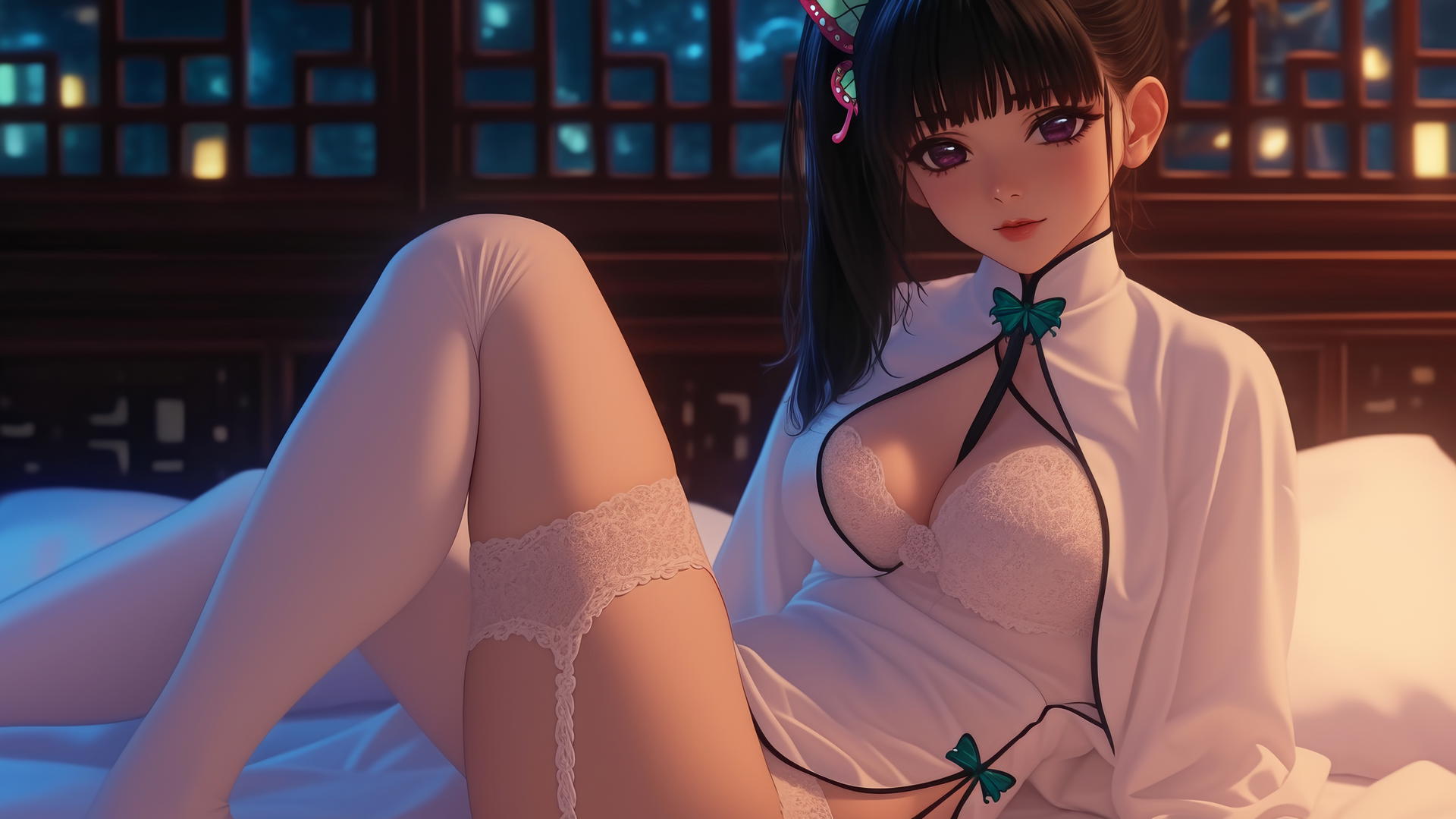 Kanao Tsuyuri at a modern hotel with warm light highlighting her figure, thin black hair in a ponytail, pink and green butterfly ornament, gentle dark lilac eyes.