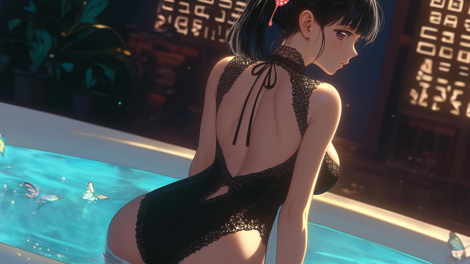 Kanao Tsuyuri with ponytail in modern apartment tub, warm light highlighting thighs