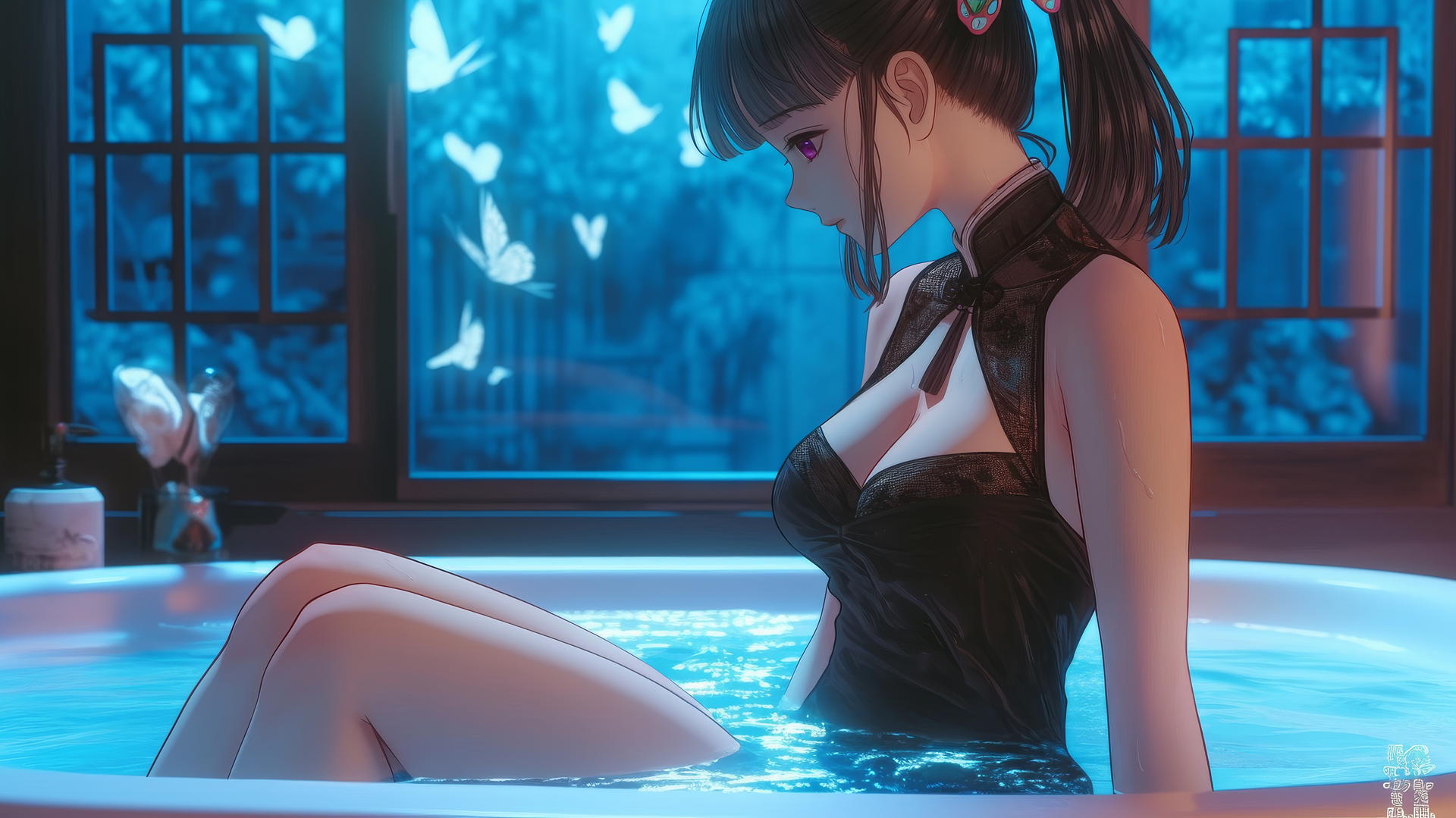 Kanao Tsuyuri from Demon Slayer at a tub in modern apartment, warm light on her figure