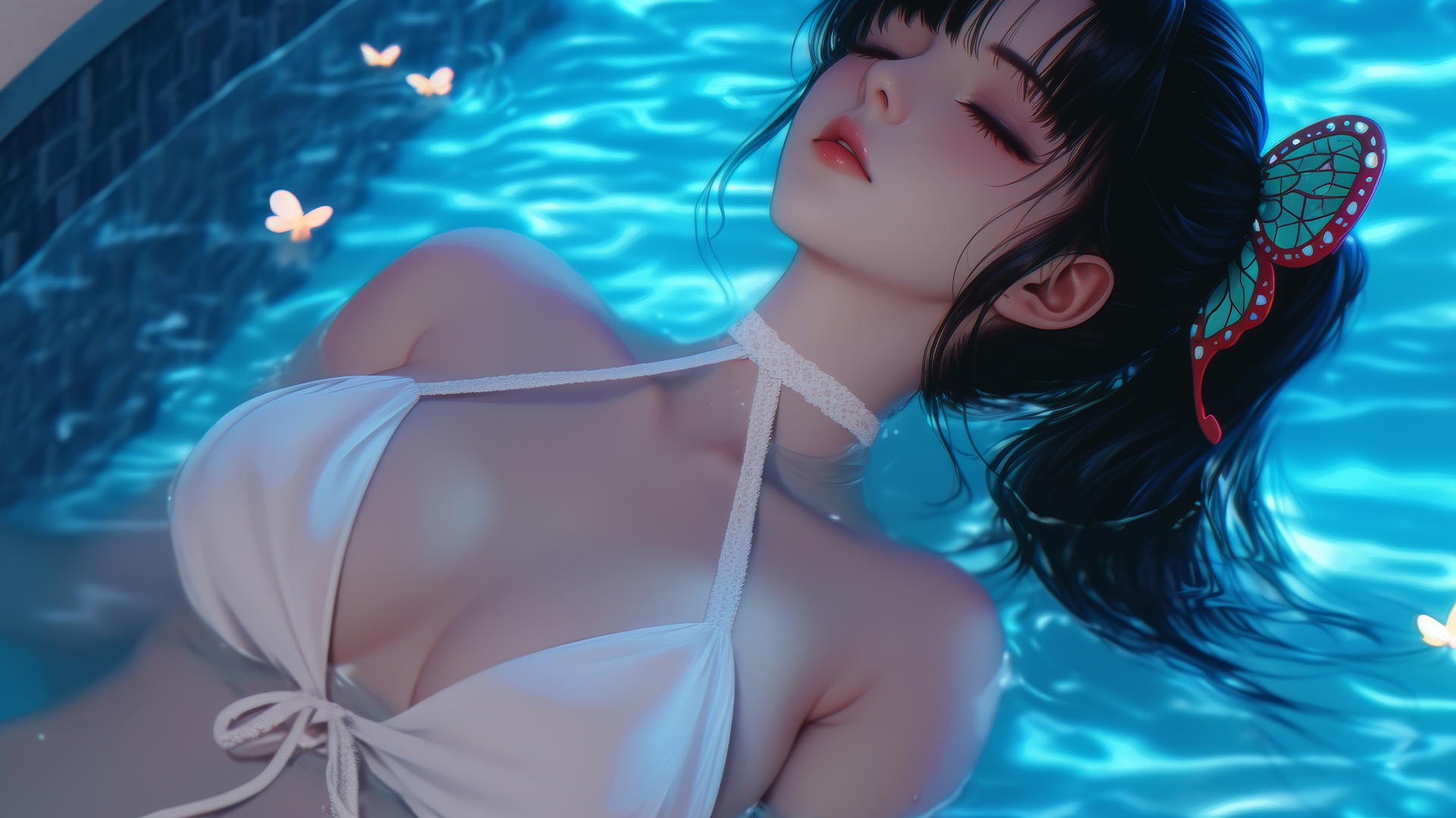 Kanao Tsuyuri from Demon Slayer resting in a bathtub with warm light highlighting her figure