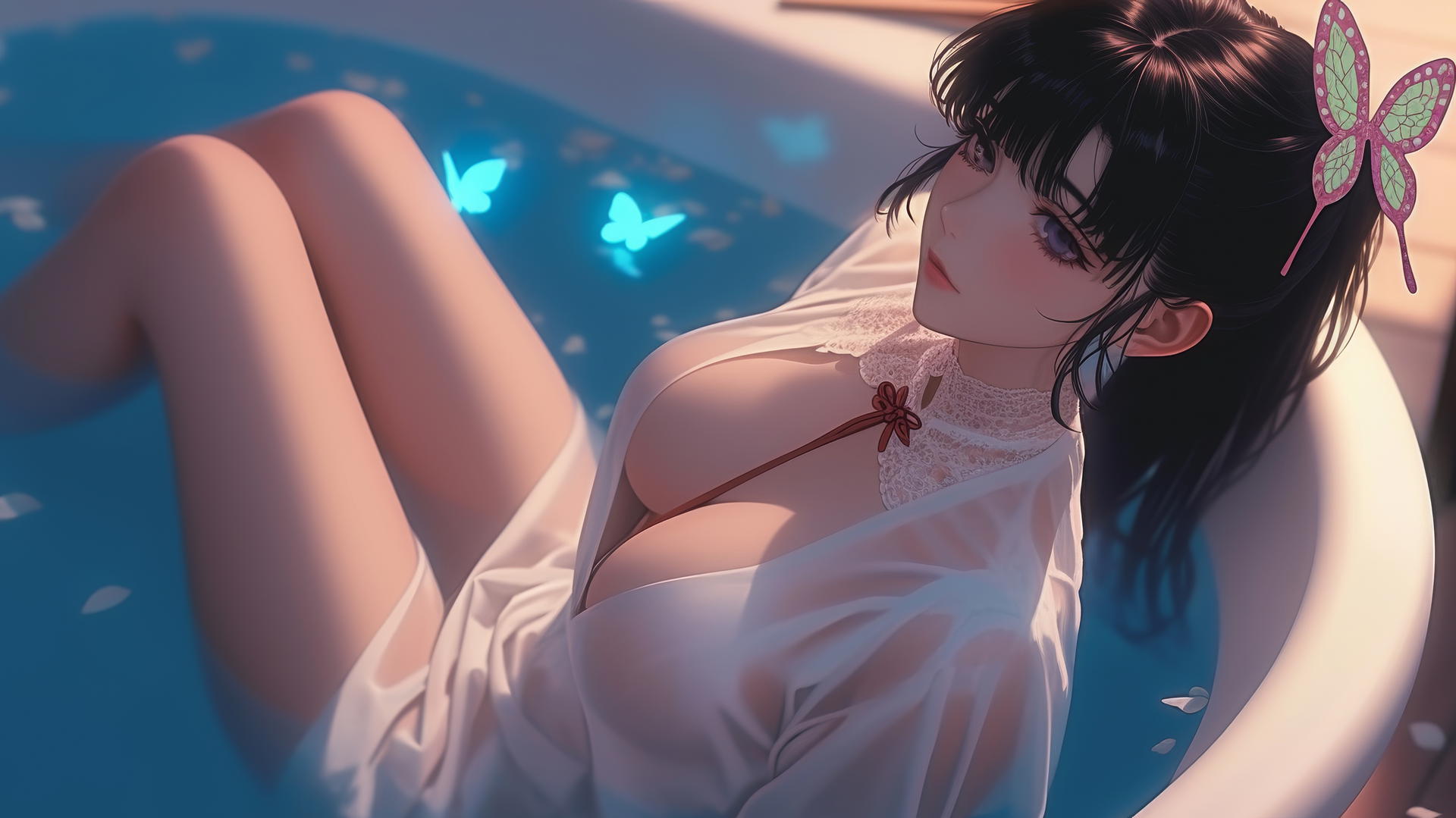 Kanao Tsuyuri from Demon Slayer relaxing in a tub with warm light highlighting her figure.