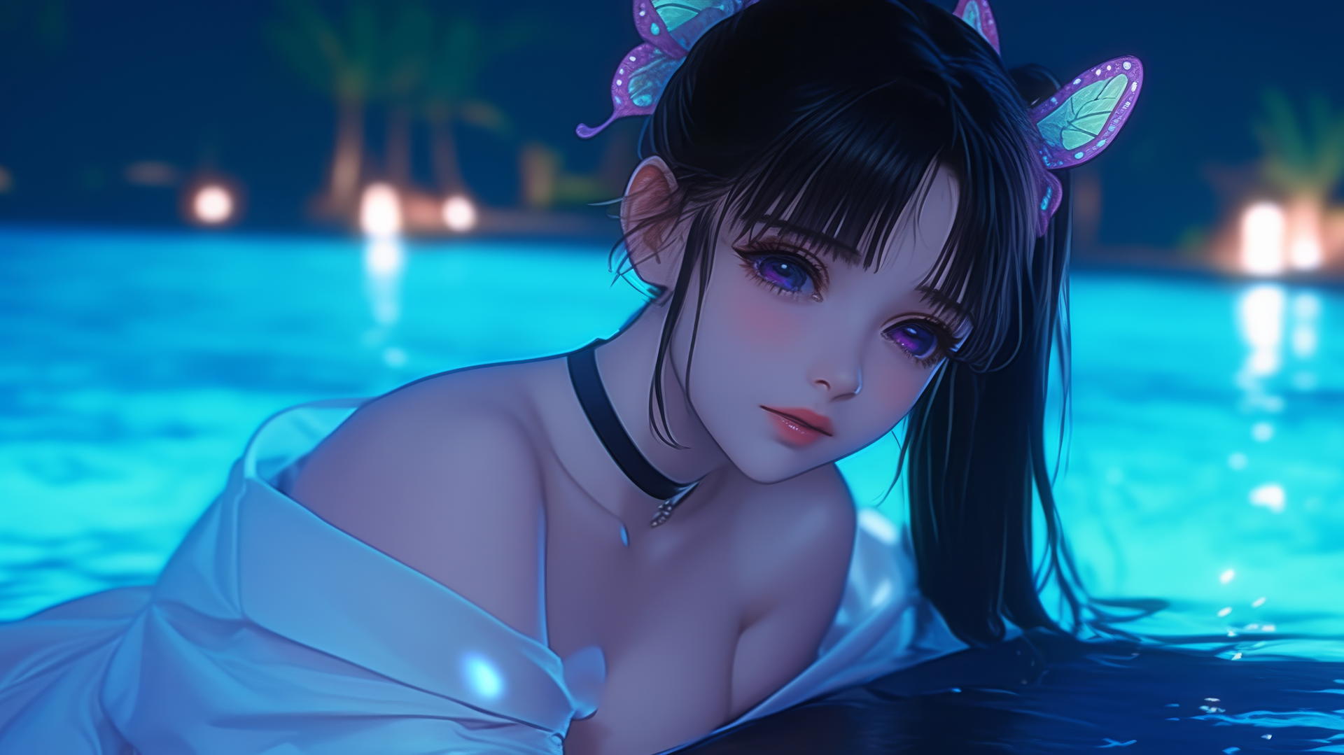 Kanao Tsuyuri from Demon Slayer resting by a moonlit swimming pool