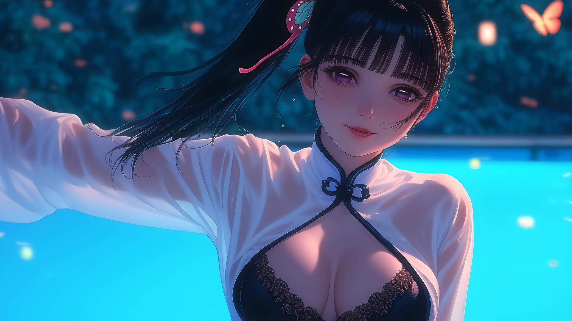 Kanao Tsuyuri from Demon Slayer jumping out of a swimming pool under moonlight.