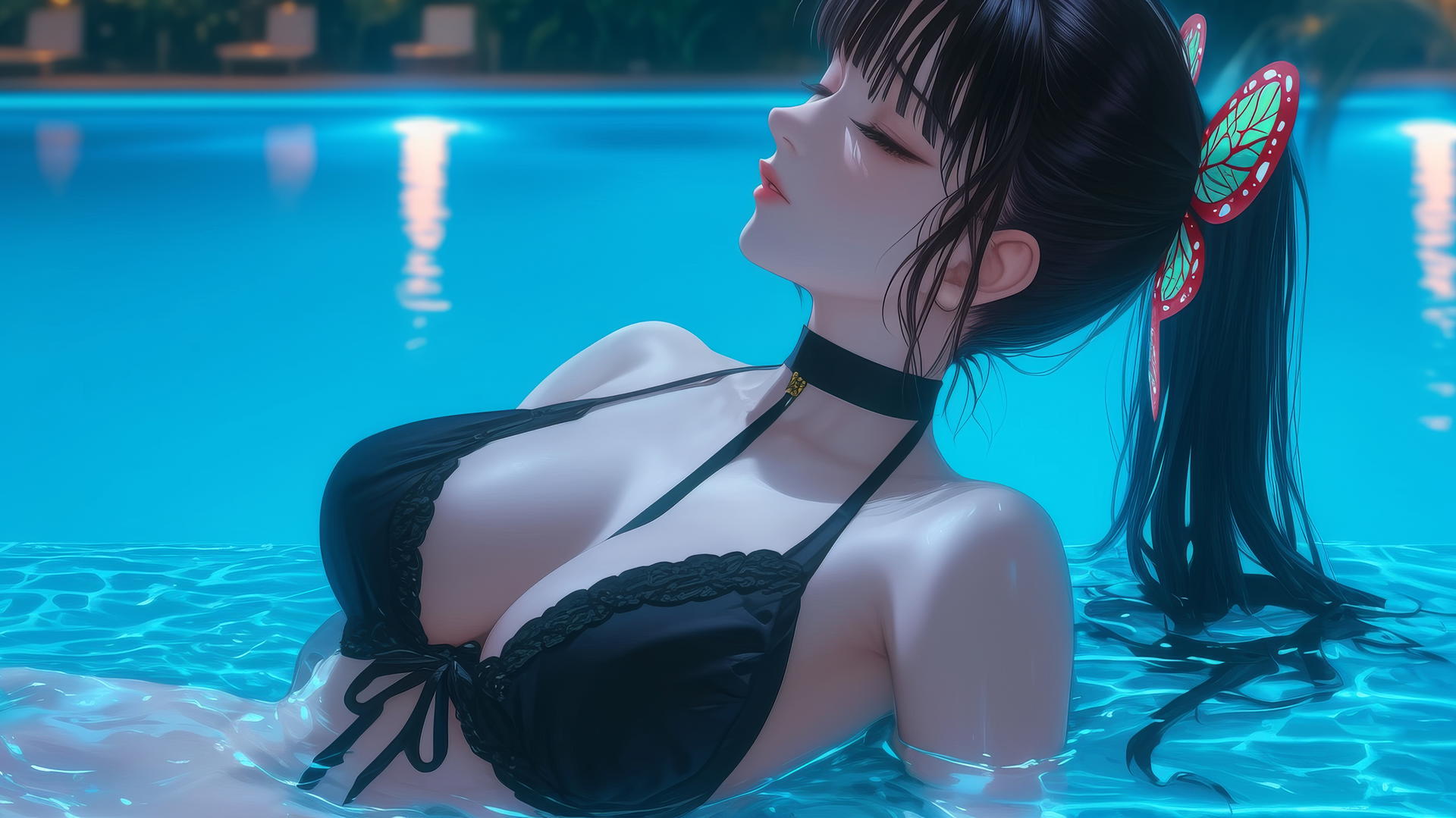 Kanao Tsuyuri from Demon Slayer resting by a swimming pool under moonlight.