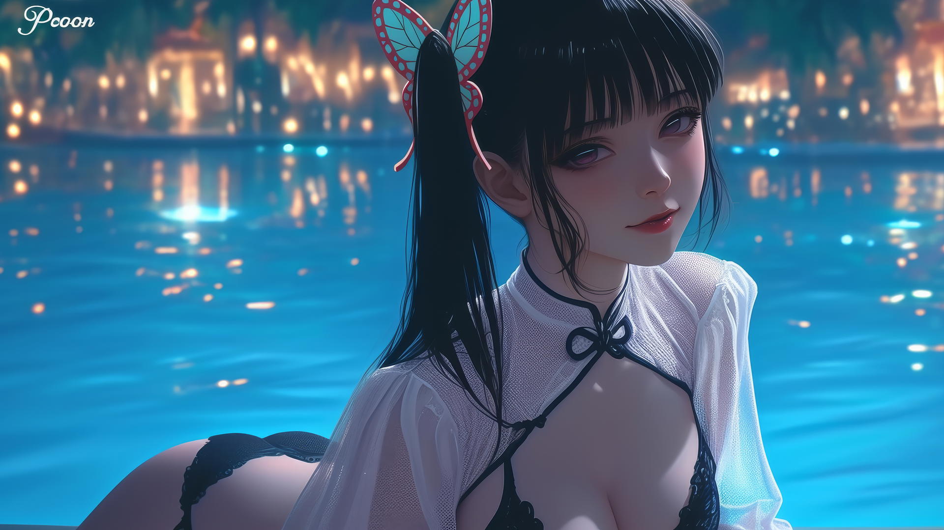 Kanao Tsuyuri resting by a swimming pool under soft moonlight