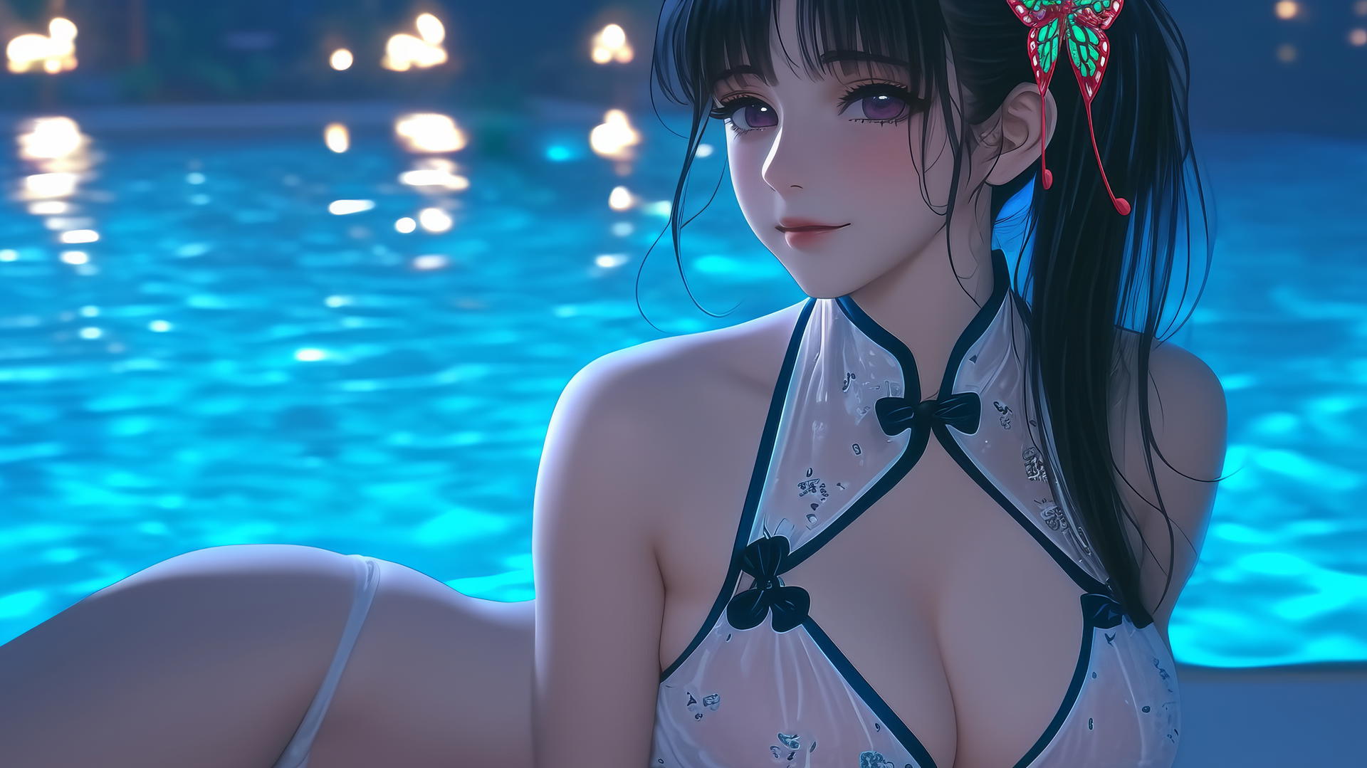 Kanao Tsuyuri resting by a swimming pool under moonlight.