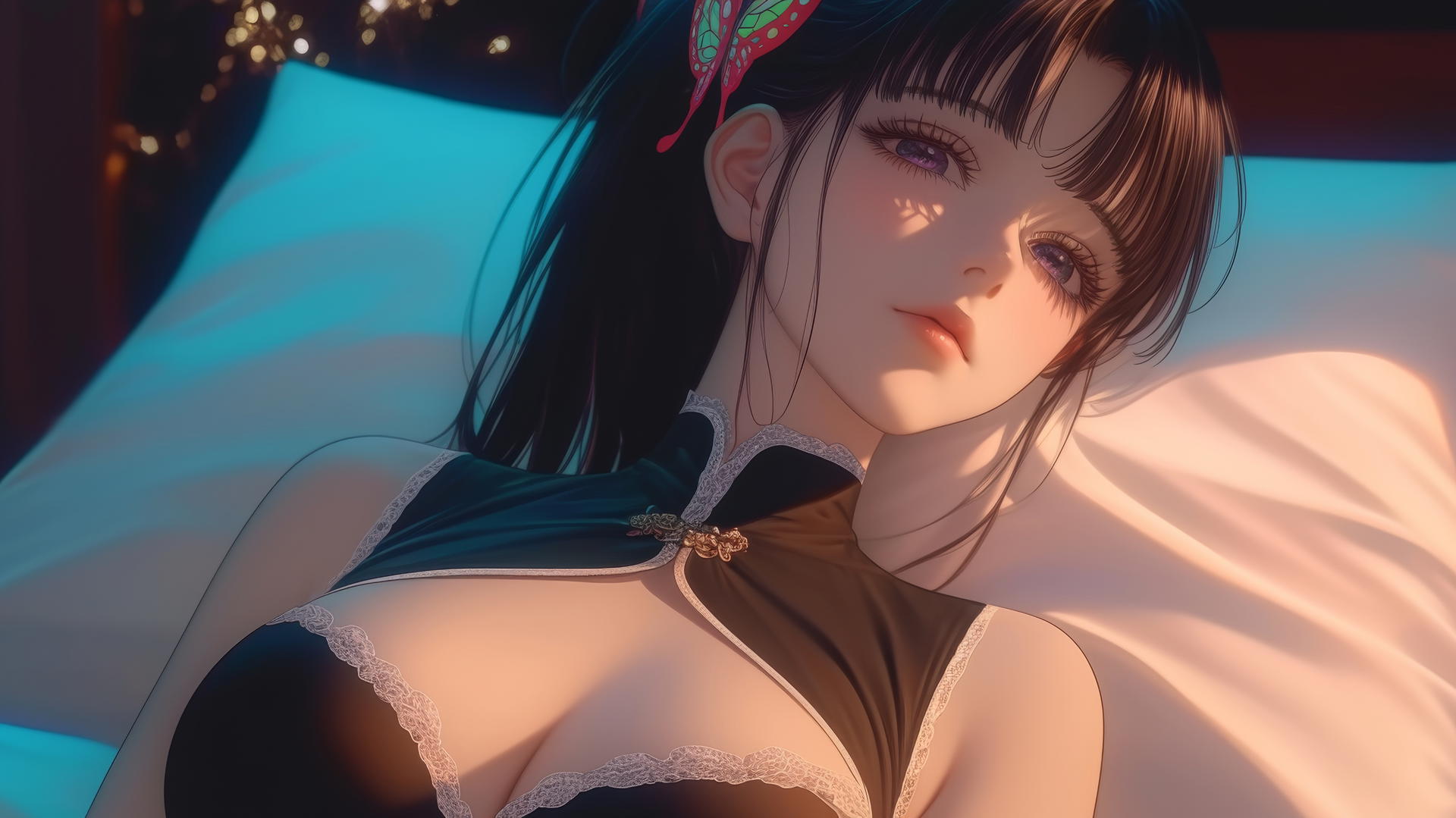 Kanao Tsuyuri relaxing in a modern hotel room with warm light and butterfly ornament