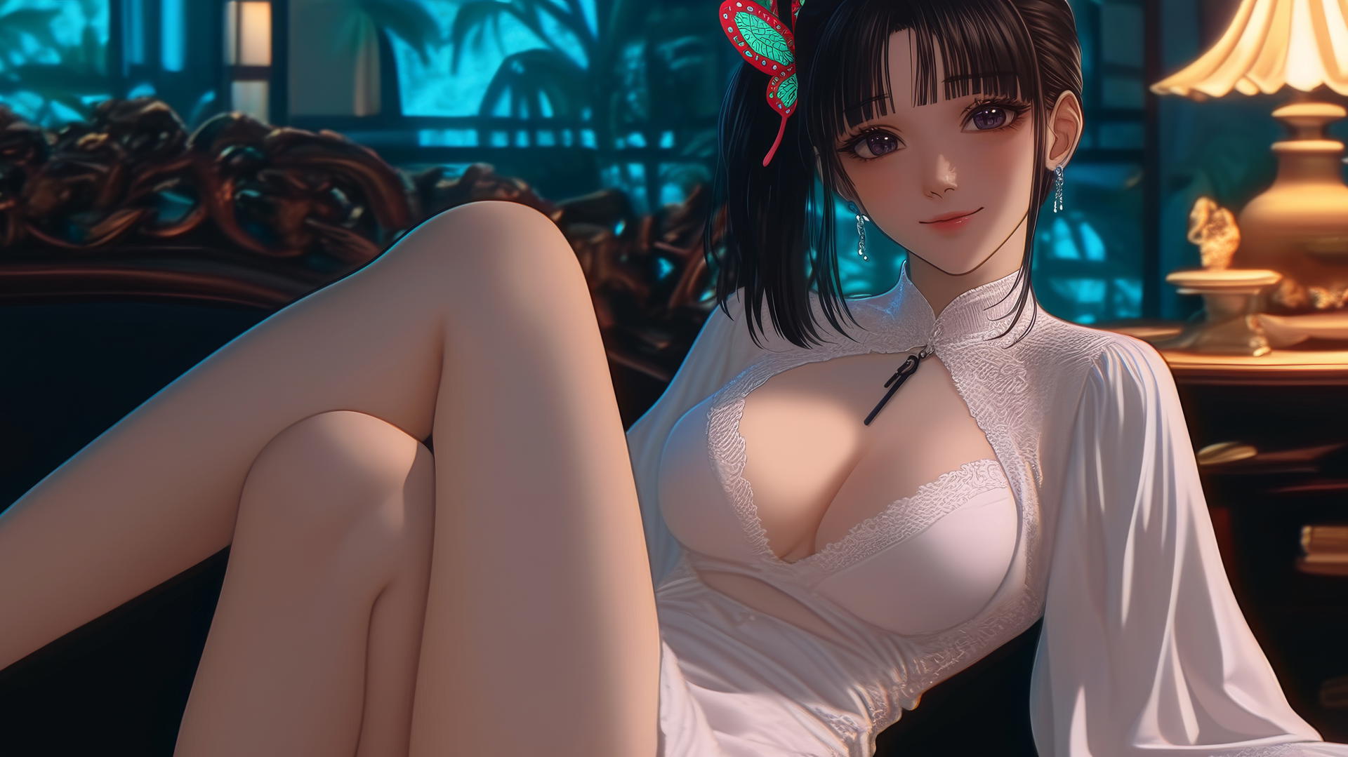 Kanao Tsuyuri resting in a modern hotel room with a soft glow highlighting her figure and legs.