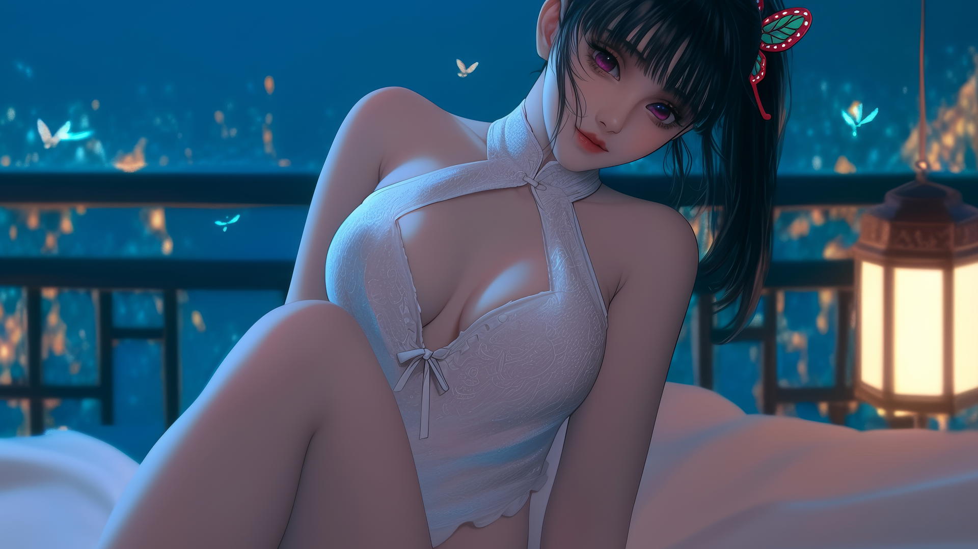 Kanao Tsuyuri from Demon Slayer kneeling, seen from below with warm light on her figure.