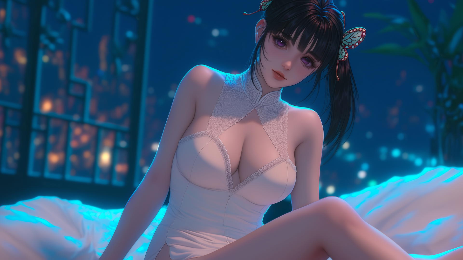 Kanao Tsuyuri from Demon Slayer kneeling, warm light highlighting her legs.