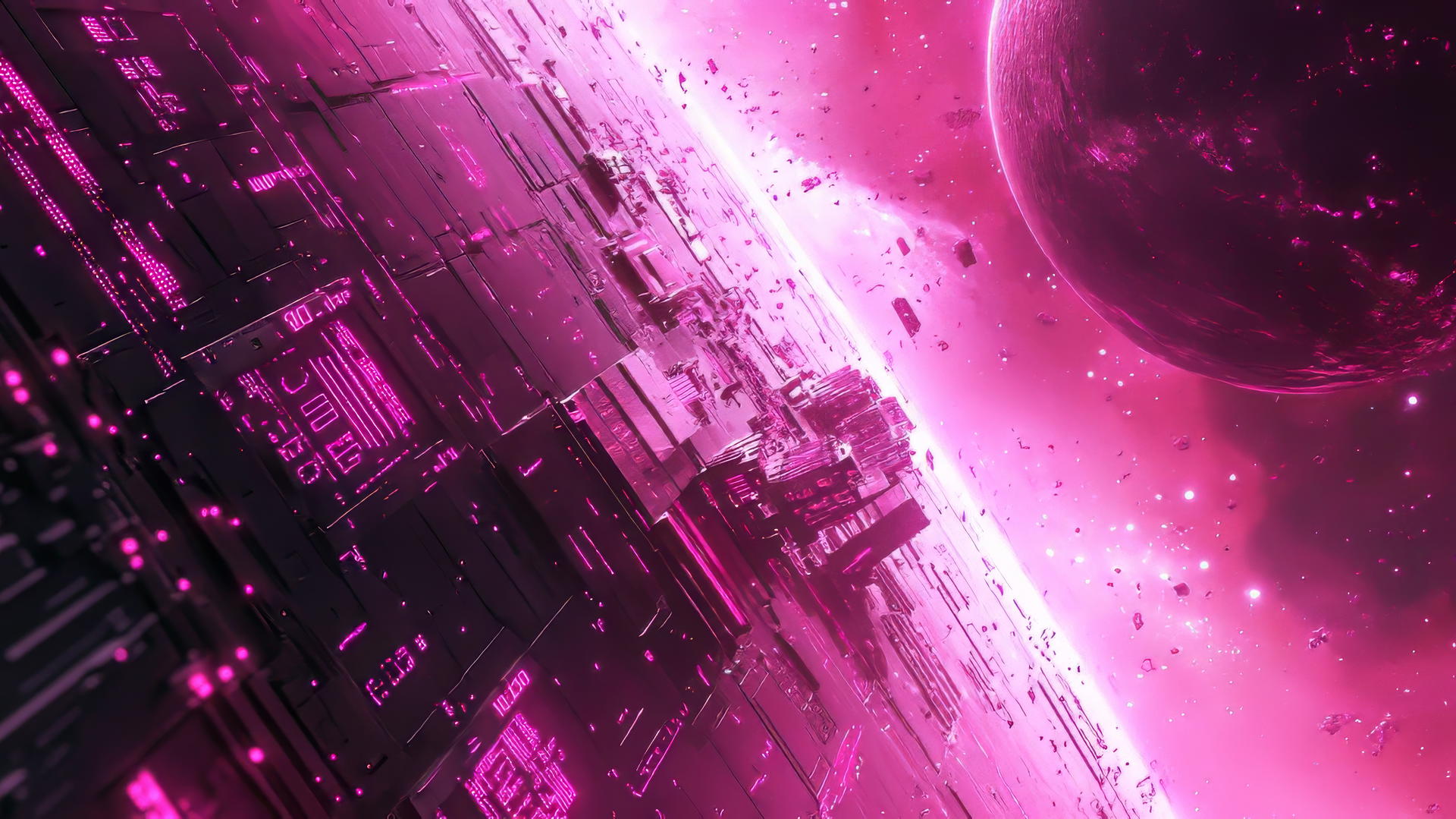 Pink Y2K wallpaper with a neon space station and holographic panels