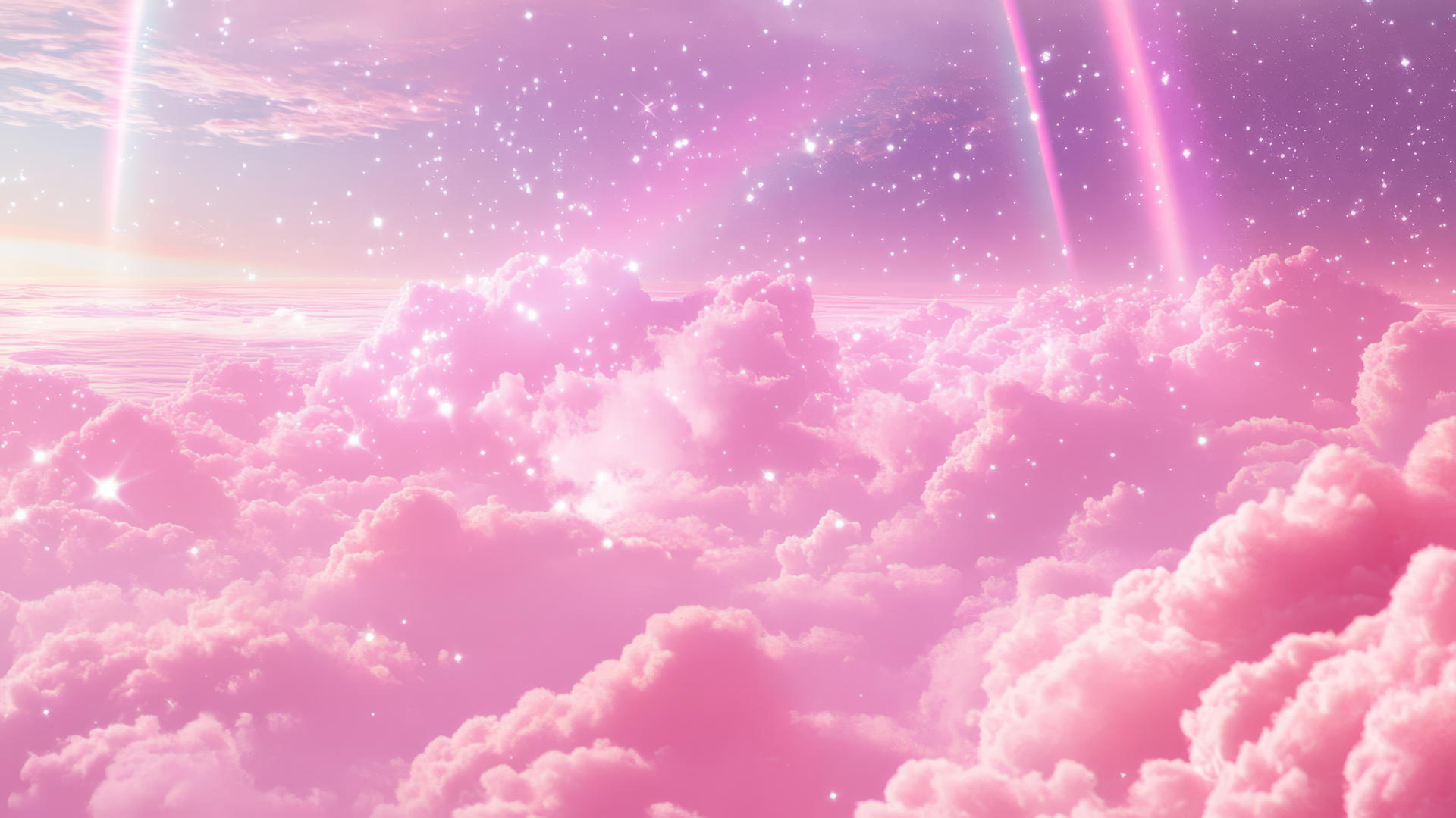 Pink Y2K wallpaper with dreamy neon clouds, pixelated stars, and holographic rainbows