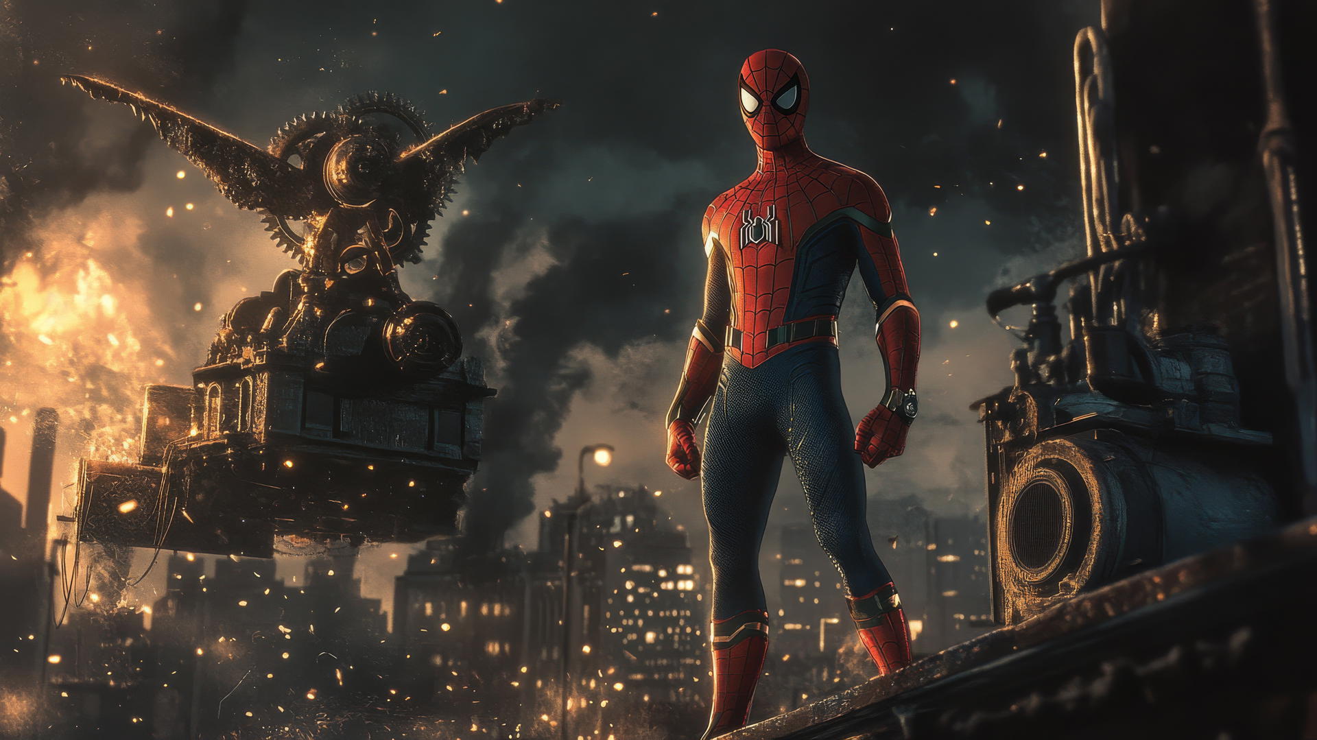 Spider-Man in a steampunk-themed world on a Victorian rooftop with gears and steam machines