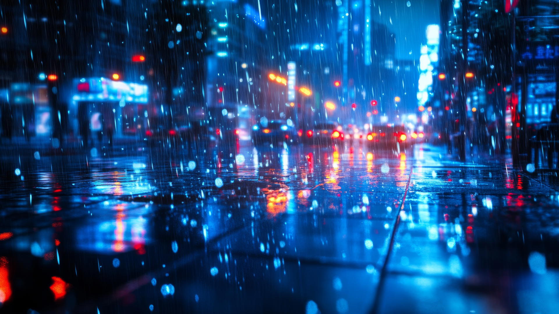 blue rainy city street wallpaper with light reflections on wet pavement