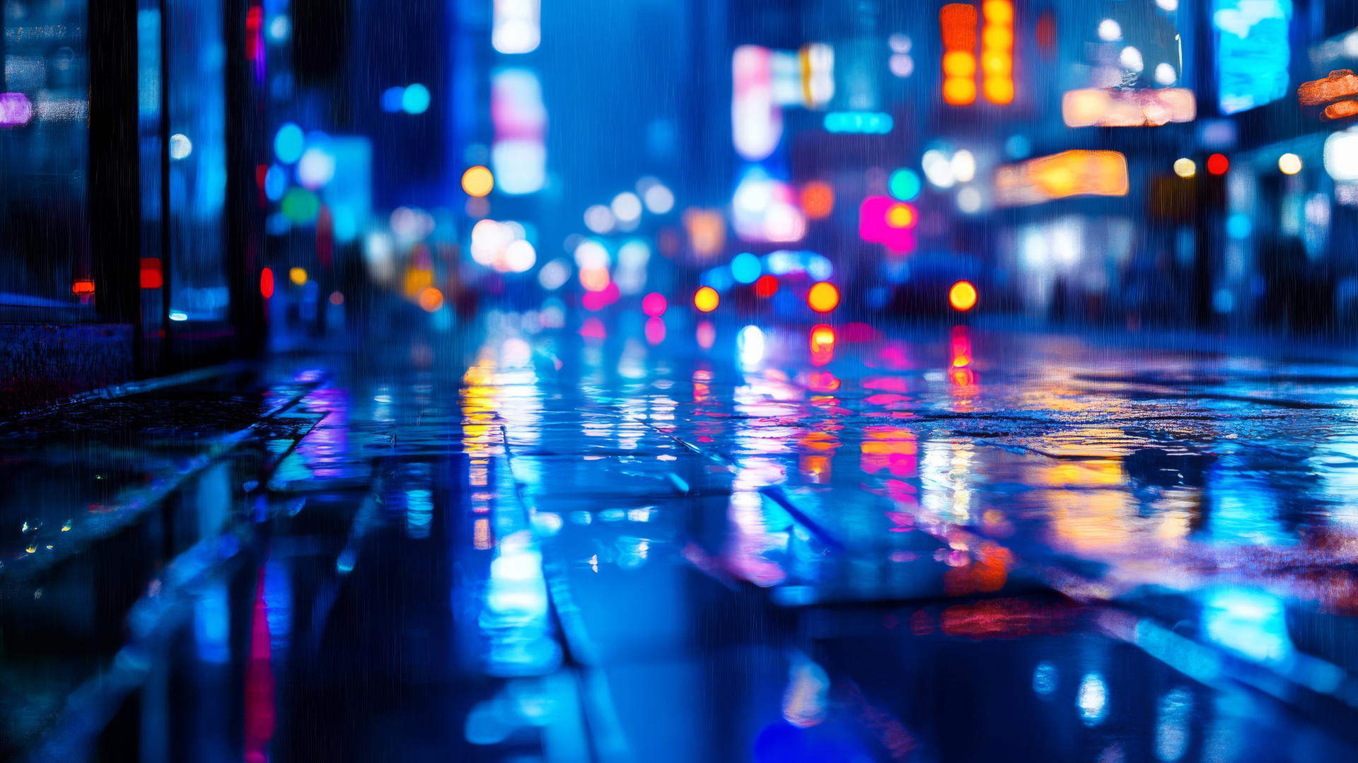 wallpaper blue, rainy city street with light reflections on wet pavement